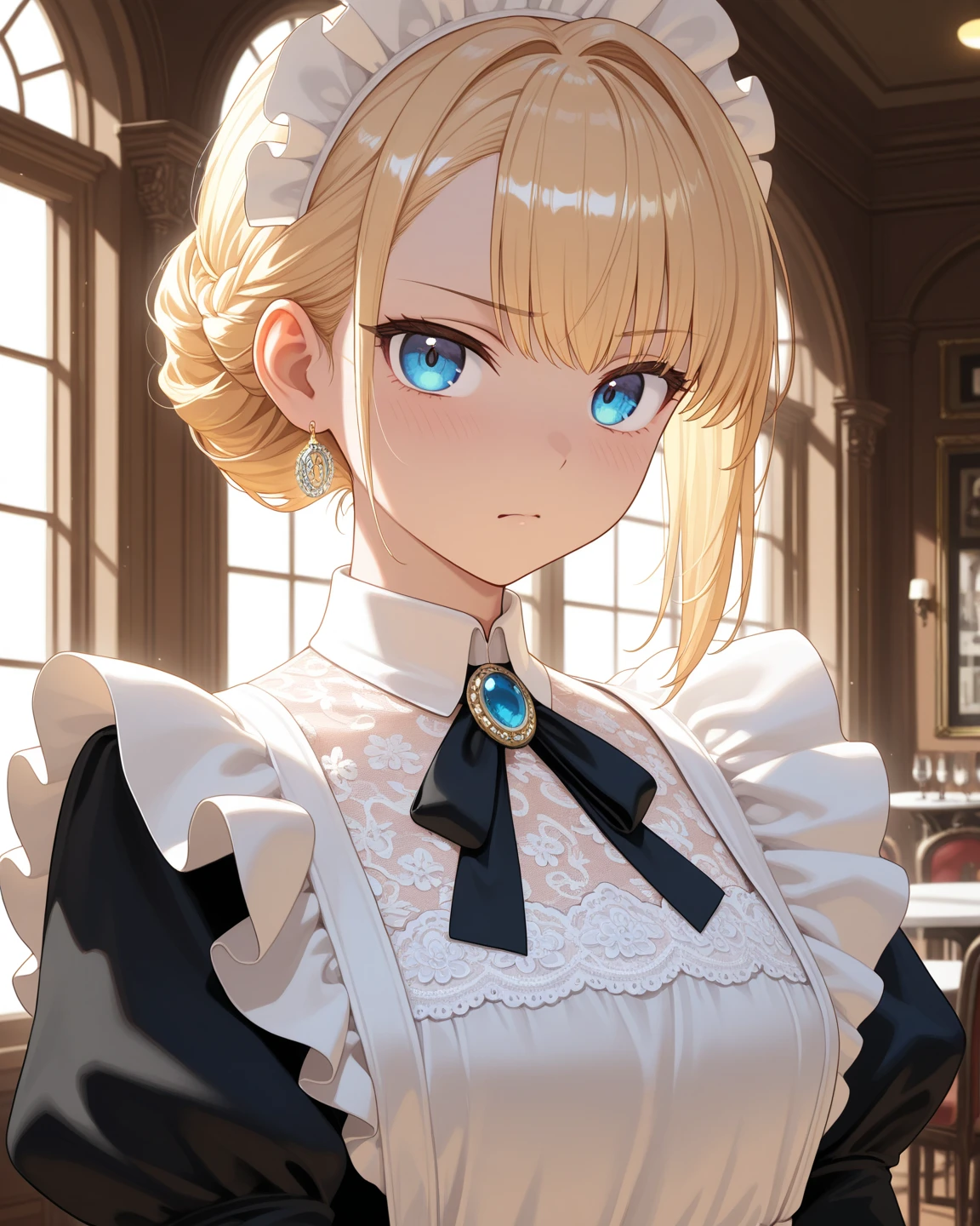 (masterpiece:1.4),, (best quality:1.4),, ultra high resolution,, 8k, CG,, (very delicate and beautiful:1.2),, , looking at viewer,, , 1 woman,, alone,, Mature girl,, , cute, (Short blonde twintail hair,, blue eyes,, closed mouth,, red lips)At the mansion,, (Maid Dress,, whole body,, medium chest)