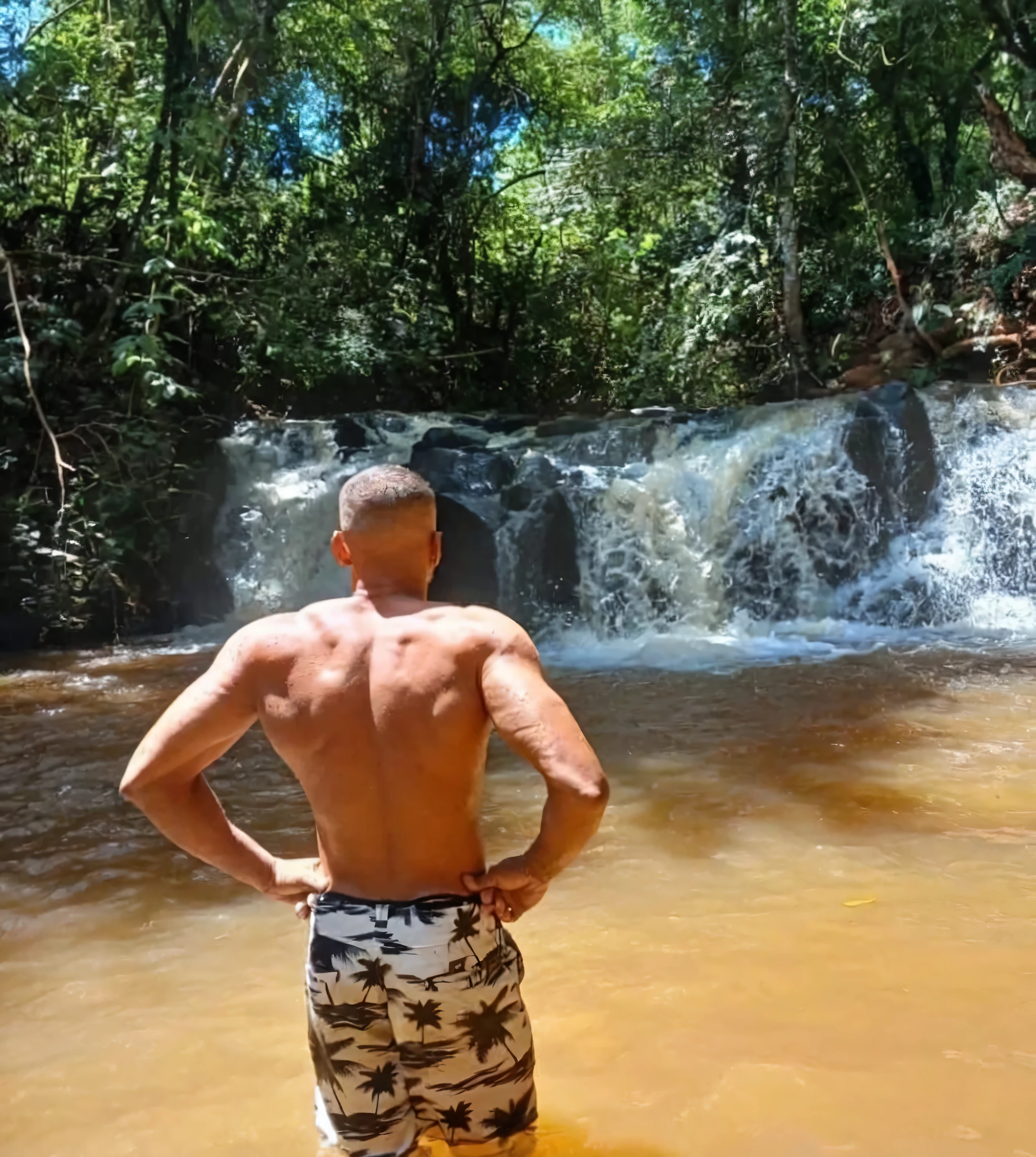 (((raw photo))),60 years old american man named alex,black hair,clean shaved,muscled,wearing white t shirt,hot,ultra realistic,muscle show,detailed,realistic,muscle showing pose,waterfall background,textured skin,body builder,dynamic pose,intagram post