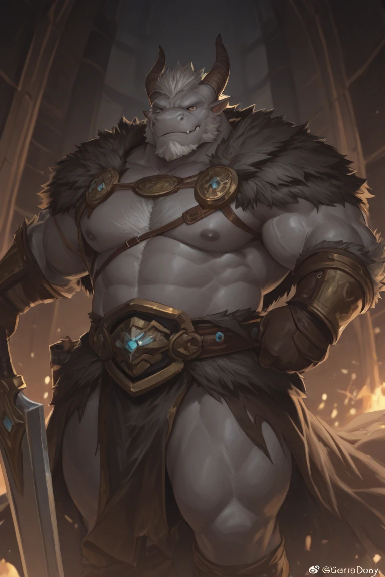 burly virile hairy man, with two wolf ears and a bushy tail, in a suit of armor, middle-aged, hirsute, overmuscular and musclebound, bulging veiny muscles, a warrior's build, a bodybuilder's physique, long bushy and a thick mustache, a square jaw, handsome and dreamy, grey hair, a knight clad in full armor