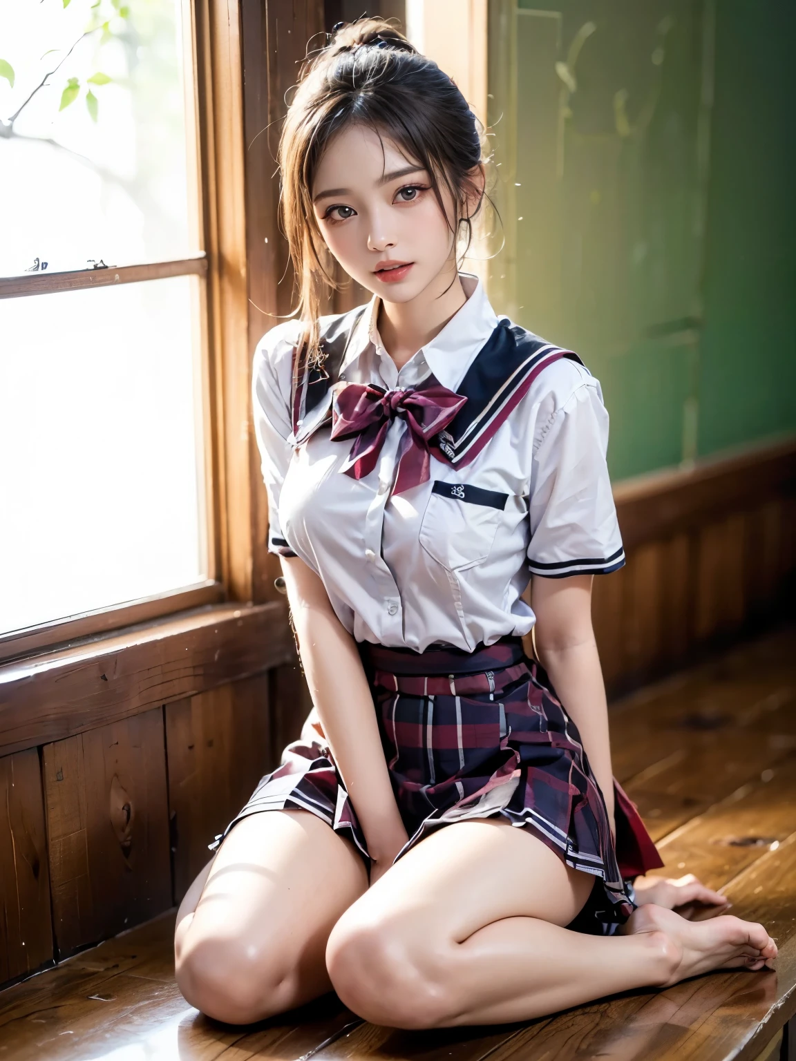 (spreading her legs for the camera:1.5)、（open legs:1.5）、（I can see my pants:1.2）、lace underwear、((No makeup、looking at camera:1.2))、(realistic、Photoreal、super detailed、best detailed skins、highest quality、masterpiece、Super high resolution)、cute japanese woman、17 years old、high school girl、young girl、1 girl、have bangs、double eyelid、purity、double teeth、realistic肌タイプ、fluffy hair、red cheeks、the wind is blowing、(School uniform shirt）、(Ribbons for school uniforms)、plaid skirt、black hair、bright classroom、（school classroom）、machine、Chair、bright atmosphere、8K RAW photo、High resolution、(big round breasts:1.2)、beautiful eyes、detailed eyes、drawn in detail、long eyelashes、美しいdouble eyelid、duck mouth、evil smile、evil look、beautiful and very thin legs、Beautiful and very thin thighs,simple necklace、（I can see my crotch:1.2）、extremely short skirts、pretty embarrassing、red cheeks、random hair