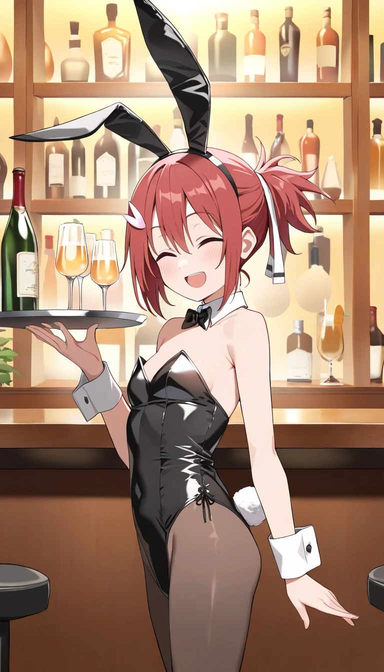 masterpiece, absurdities, (intricate details), (showy),cinematic lighting, bust shot, Extremely detailed CG unity 8k wallpaper, 1 girl, violet fur, by the wavy cut, bob cut, Brown eyes, light smile, Chapped lips, average breasts, neckline, Fake animal ears, choker, red leotard, playboy bunny, Tray, champagne,  smile, looking at the viewer,  cowboy shot, shaman240