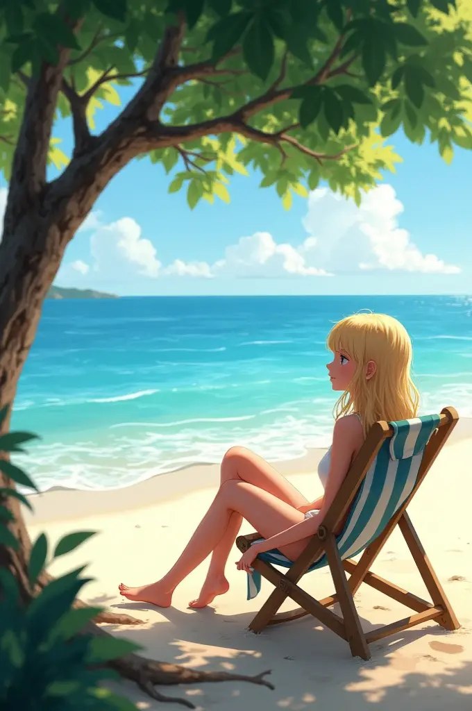 A blonde girl sitting on a beach chair under a tree