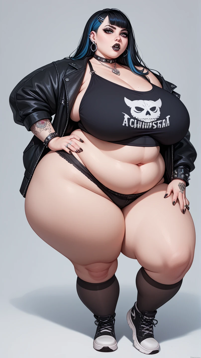 A goth cat wearing a small tight torn croptop, small tight torn jean shorts and fishnets on her arms and legs, long black hair, Giant soft , large soft plump butt thighs, horny, mur, big, fat