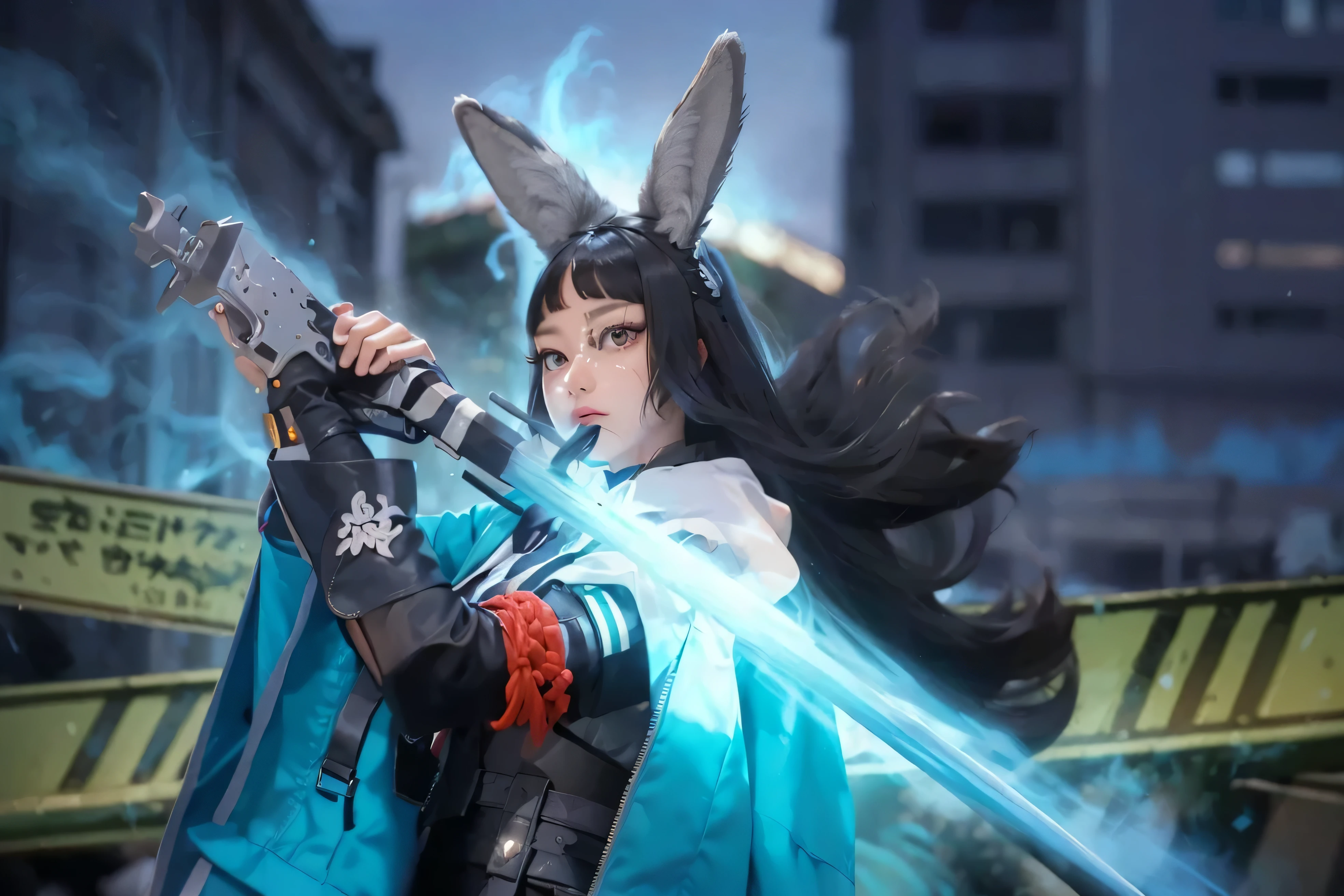 (( HOSHIMI MIYABI_ZENLESS ZONE ZERO)) photorealistic)),(highlight hair)), Light reflection, (( HD )),((upper body)), (((best quality, masterpiece))), (masterpiece) (best quality) (detail) (8k) (HDR) (wallpaper) (cinematic lighting) (sharp focuasterpiece, best quality: 1.1), Real life adaption of this character, realistic outfit, realistic shadow, realistic light, realism, hyper realistic, realistic background,realistic Headscarf,(photorealistic:1.2), (masterpiece: 1.2), (best quality: 1.3), (clear details: 1.3), ((((ultra-detailed)))), ((detailed eyes)), (extremely detailed face:1.4), (highly detailed eyelash:1.6), (Masterpiece, Best quality, best shadow), (detailed background),(masterpiece, best quality:1.2), best resolution,masterpiece, (hsmyb, fox ears, red eyes, white pupils, bright pupils, black hair, long hair, blunt bangs, sidelocks, half up braid, medium breasts, green jacket, chest strap, id card, collared shirt, white shirt, black necktie, arm strap, high-waist skirt, black skirt, long skirt, belt, tassel, black pantyhose, single gauntlet, single fingerless glove, black gloves, full-length image), one girl, battle, sword,masterpiece,best quality,amazing quality,sharp details, vivid color miyabizzz, 1girl, fingerless gloves, black necktie, black gloves, medium breasts, white shirt, looking at viewer, upper body, black skirt, collared shirt, closed mouth, hand on own chest, bright pupils, white pupils, open clothes, hand up, blue jacket, blunt bangs,mechanical arms,Blue sword aura, blue flame, blue smoke, blue light,Half body,