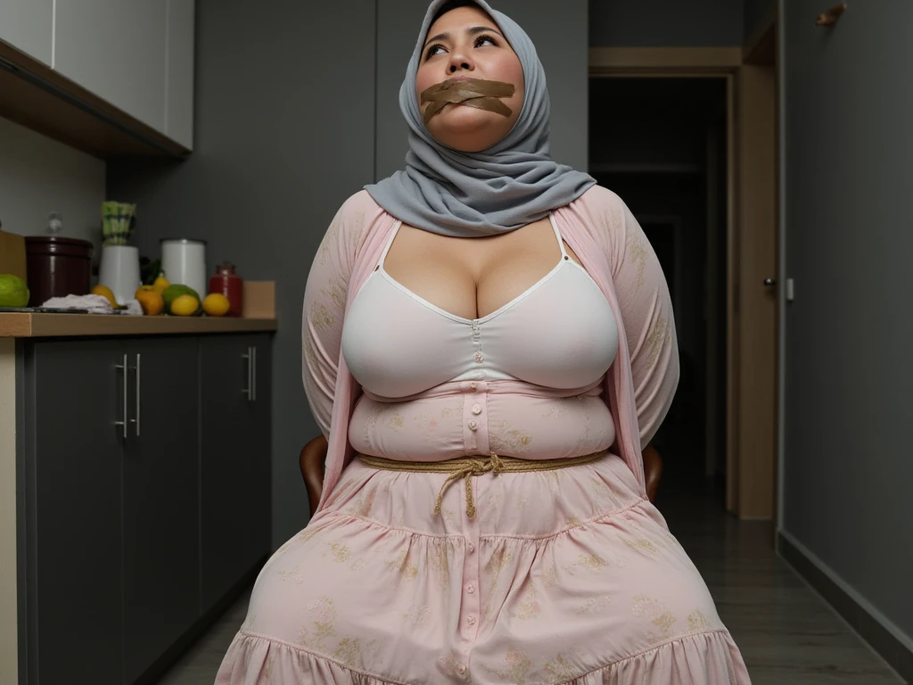 (64k, RAW photo, masterpiecel1.4, realistic, photo-realistic, best quality, HDR, ((lighting)), ((abadoned house)), ((knee down on a floor)), ((1 beautiful malay girl)), ((potrait fullbody)), ((seductive poses)), ((sexy medium body)) , ((fullbody)), photo of a malay girl pink tudung hijab, details skin texture, bright skin, big gorgeous eyes, double eye lids, perfect eye, ((huge-breasted), ((chubby body)), ((chubby)) , ((soft smile face)), ((pink tudung hijab)), ((hands are tied behind back ass with rope)), ((milk cum all over body)), ((bondage with rope)), ((mouth gagged with tapegag))