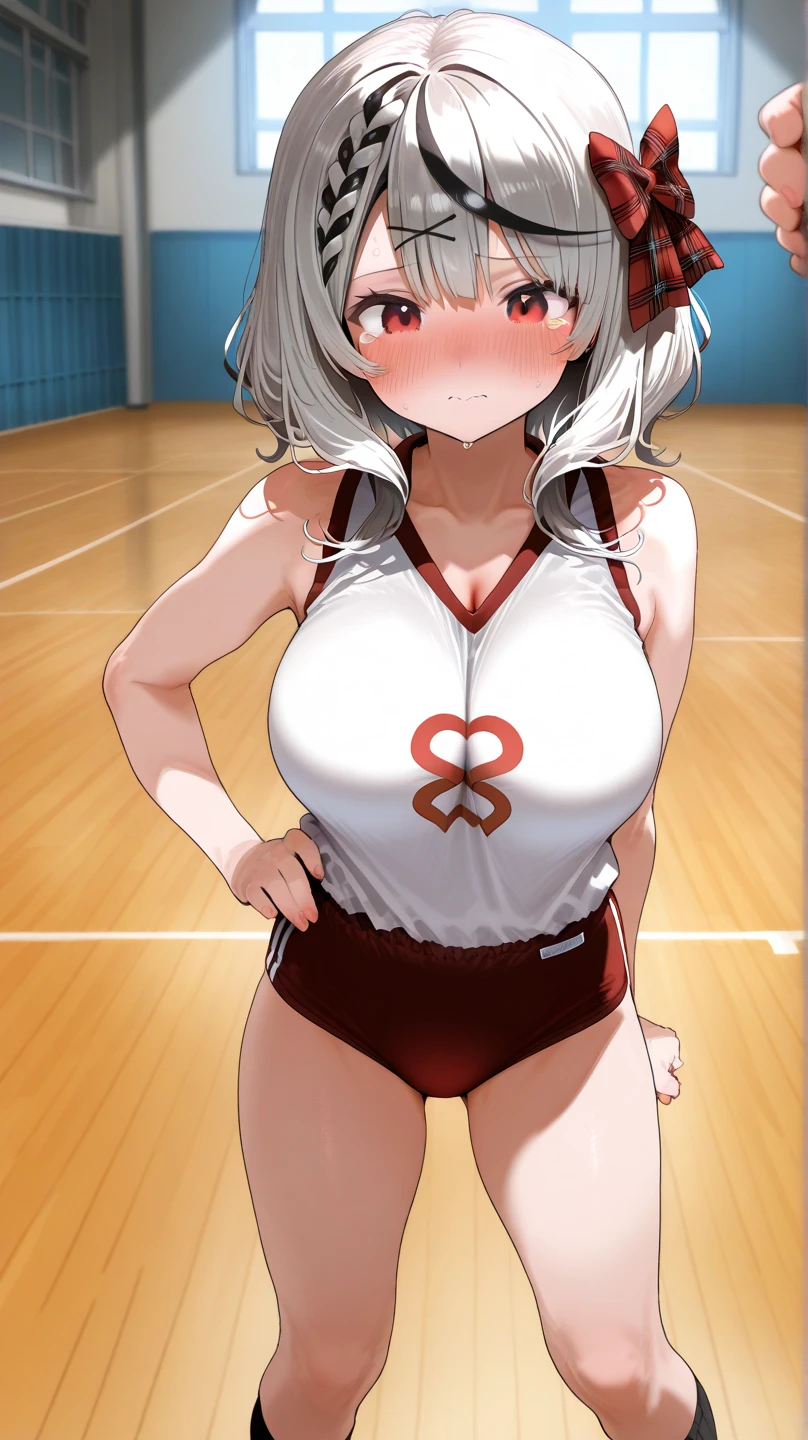 ((nishikigi chisato,red hairribbon,sports bikini, red buruma, zipper pull tab, sportswear, buruma, crop top, stomach, thighs, bare shoulders, navel,nipple)),nsfw,((solo girl)),((Perfect body,))((Super beautiful,))((High quality,)), (sweaty,wet fullbody,)Steam,blush,Shiny,(half open eyes,)pov,Looking at Viewer,(gigantic breast),half open eyes,smile,spread legs,(Show off your crotch by opening your crotch in a crouching posture,)squatting and straddling,on the gym mat,