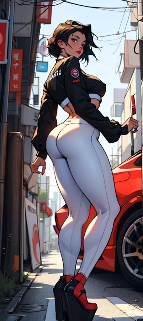 1woman, 36 years old, 熟妇, mature, woman with her back walking, big breasts, thin waist, long legs, pornographic exhibition, alone, (Japanese city background) Has very short black hair, standing, sweating profusely, soaked all over body,rear view,straight hair,mostly cloudy sky,(((masterpiece),(highly detailed CG Unity 8k wallpaper),Best quality,Cinmatic lighting,Detailed background,beautiful detailed eyes,glowing pupils,(very fine and beautiful),(Beautiful and detailed eye description),(Upper body),Revealing breasts,Camel toe,flushed complexion,(Wearing:Red baseball cap,white tight top,transparent white leggings,line visible underwear, sports shoes),Full body photo,Show shoes, sportswear, red cap, full body, big buttocks, rear view