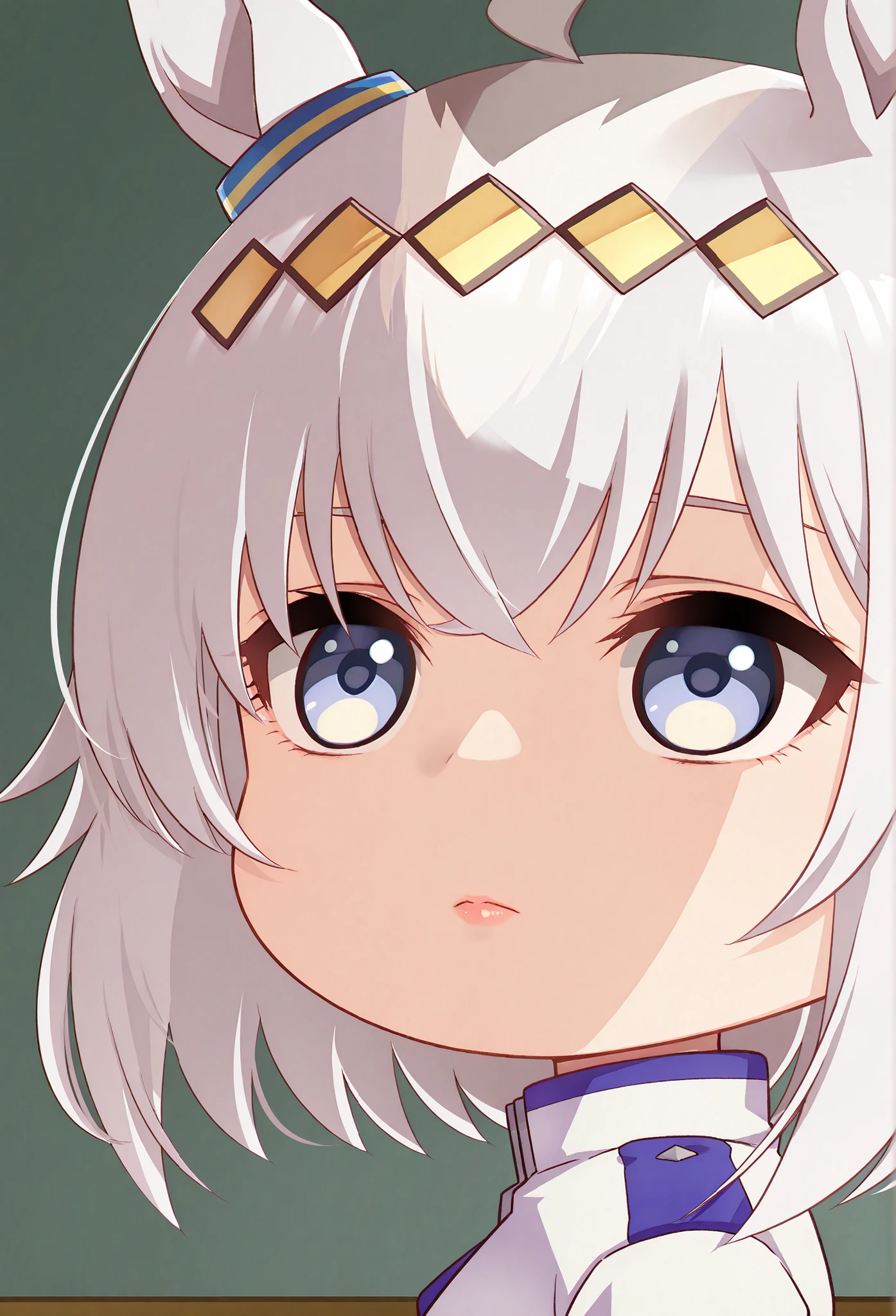 masterpiece,( chibi:1.6),hair ornament\(Uma Musume in uniform\),solo,staring at viewers,Horse Ears,white hair,灰色の髪,lips,portrait,white jacket,Stupid hair,From the side,upbeat student ,upper body,