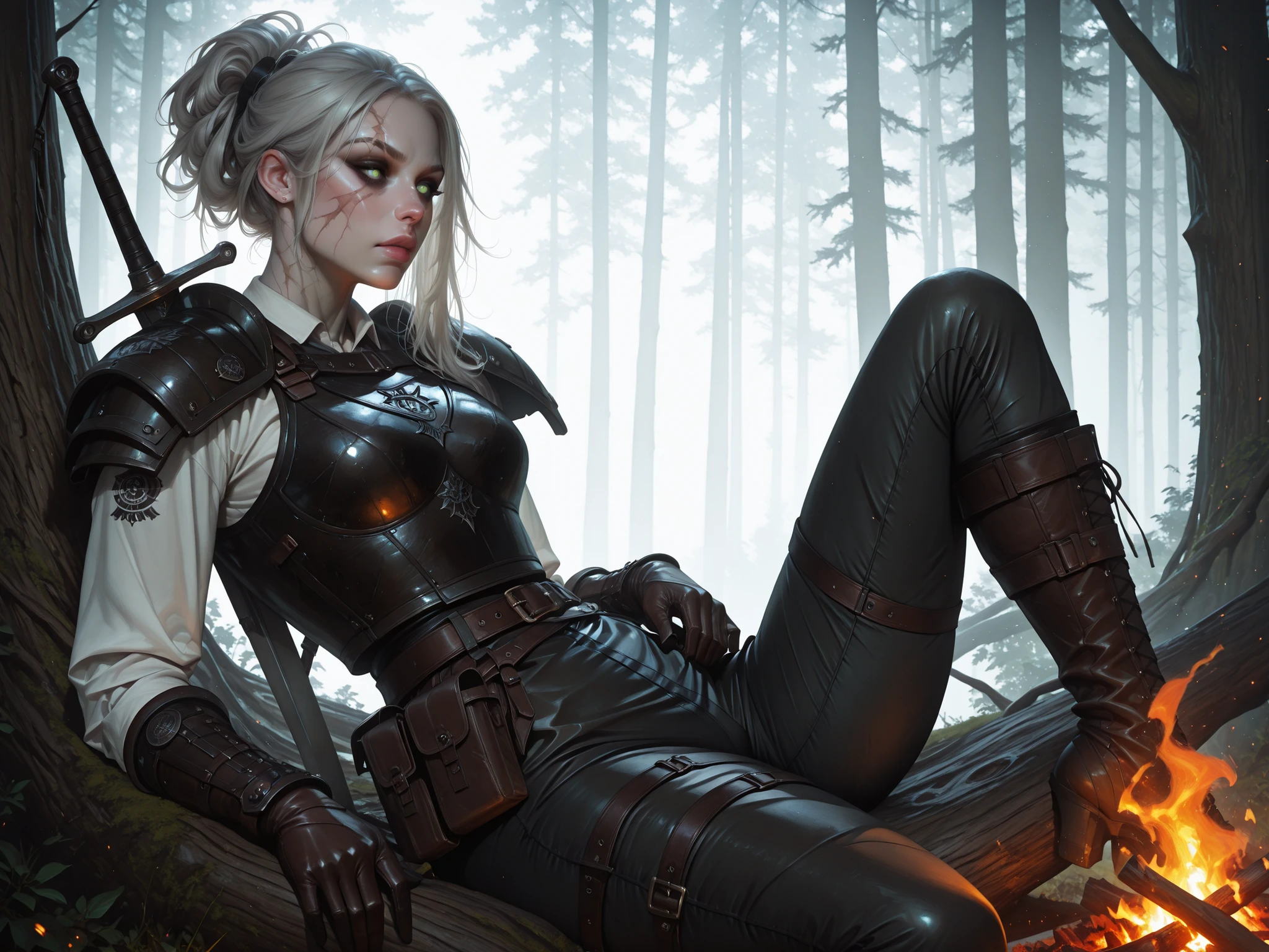 (tangobat:0.7),(Sakimichan:0.7),(High CT quality,4k,High resolution,main piece:2.3),(Very detailed,Realistic:1.37,Best quality,masterpiece, high resolution,on_body), (Tyndall effect,photorealistic, Edge lighting, Two-color lighting),(high definition skin:2.3), (8K UHD, DSLR quality, soft lighting, high quality, surround lighting, sincere, de 8K , 4K, 8K.) a woman with pale skin. She has an androgynous physique. She has scarlet curly hair gathered in a messy ponytail, no bangs, strands of hair are out of her hairstyle and lie on her shoulders. She has green gloomy eyes with bruises under her eyes. She has a scar all over her face. there is a scar on his cheek, on his lip and a split eyebrow. She is wearing a loose-fitting shirt, trousers with lacing on the sides, and a belt with a pouch. She is wearing leather armor, shoulder pads, breastplate, bracers, and leather gloves. She's wearing comfortable knee-high boots. She has two medieval swords on her back. Background : a wild gloomy forest, a campfire that is pitched in the middle of the forest.