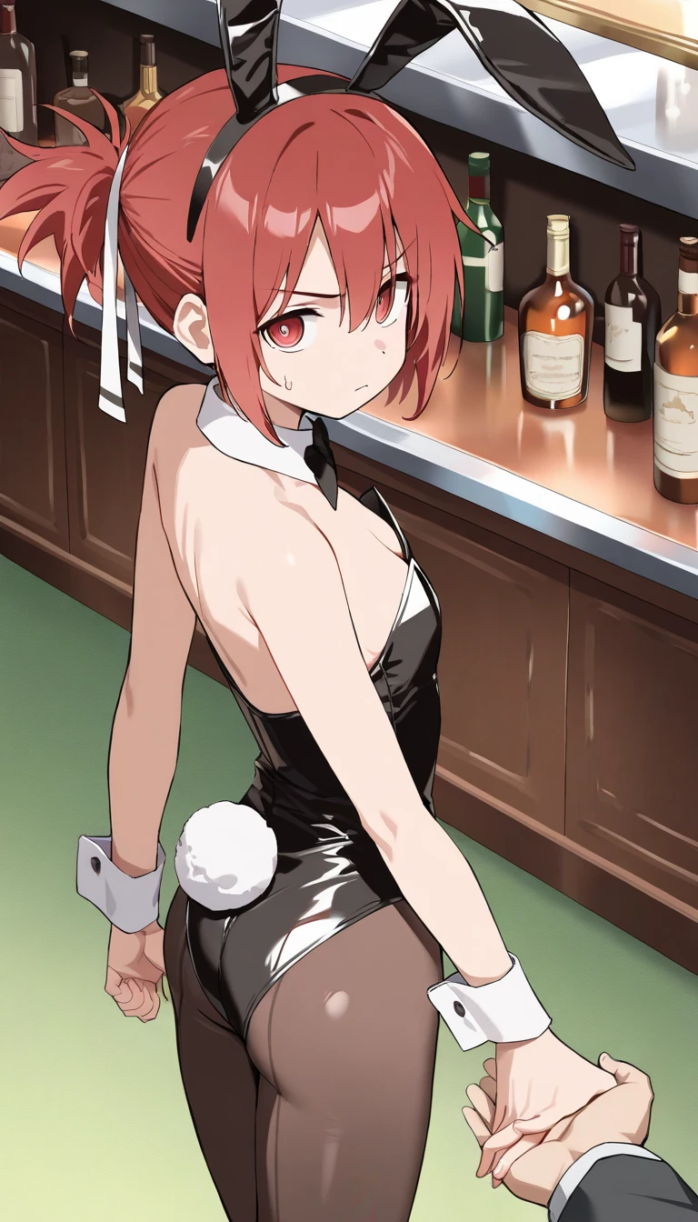 NSFW,masterpiece,Highest quality,High resolution,Very detailed,Madoka Higuchi\(The Idolmaster Shiny Colors\),short hair、Brown Hair、Purple Eyes、hairpin,(Clear Vinyl Playboy Bunny),See-through,tray,Condom box,Adult goods,Lustful face,Embarrassed,blush,casino,(Middle-aged men),Molester,(sexual harassment)