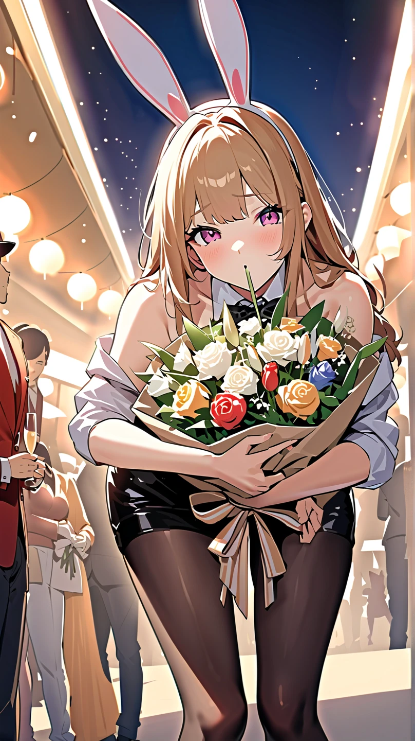 ((Highest quality、、masterpiece:1.3)), Upper Body、Long legs、Sharp focus:1.2, Beautiful woman with perfect figure:1.4、(Smiling:1.2), double eyelid、30-year-old female、Sexy pose、((((Close your mouth、One Woman、Bunny girl、celebration、Champagne、bouquet、Luxury hotel lounge))))、(((((Hands on the side of the body)))))