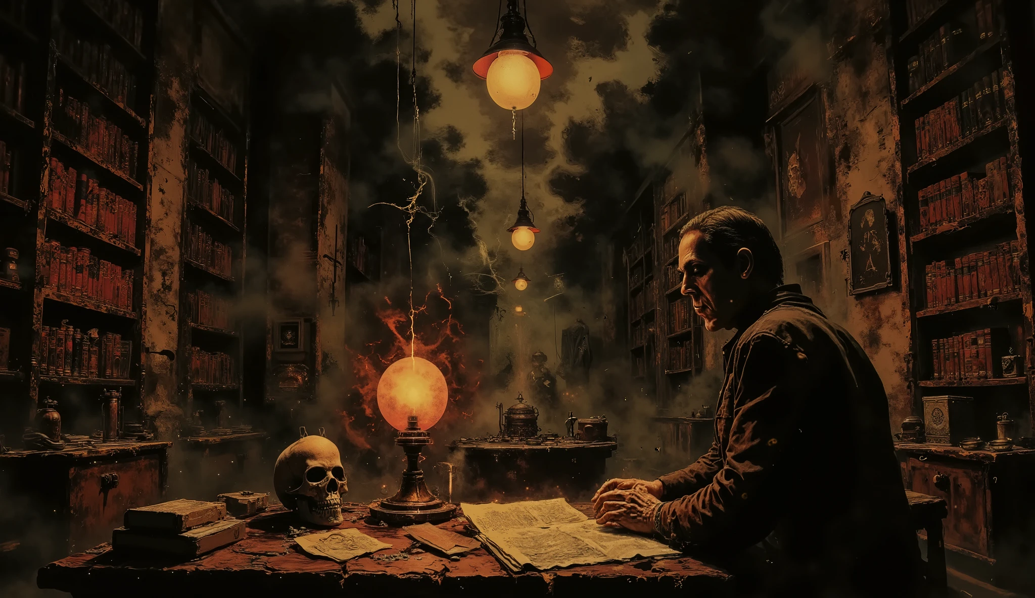H.P. Lovecraft, sitting at a desk in an Eldritch library, a skull sits on the desk with tentacles coming out of it's orifices, Sci Fi Horror, high detail, masterpiece.