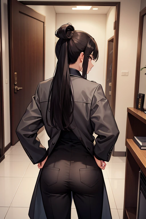 black long skirt ,dress shirt , huge ass , panty line , butt view , a cute girl