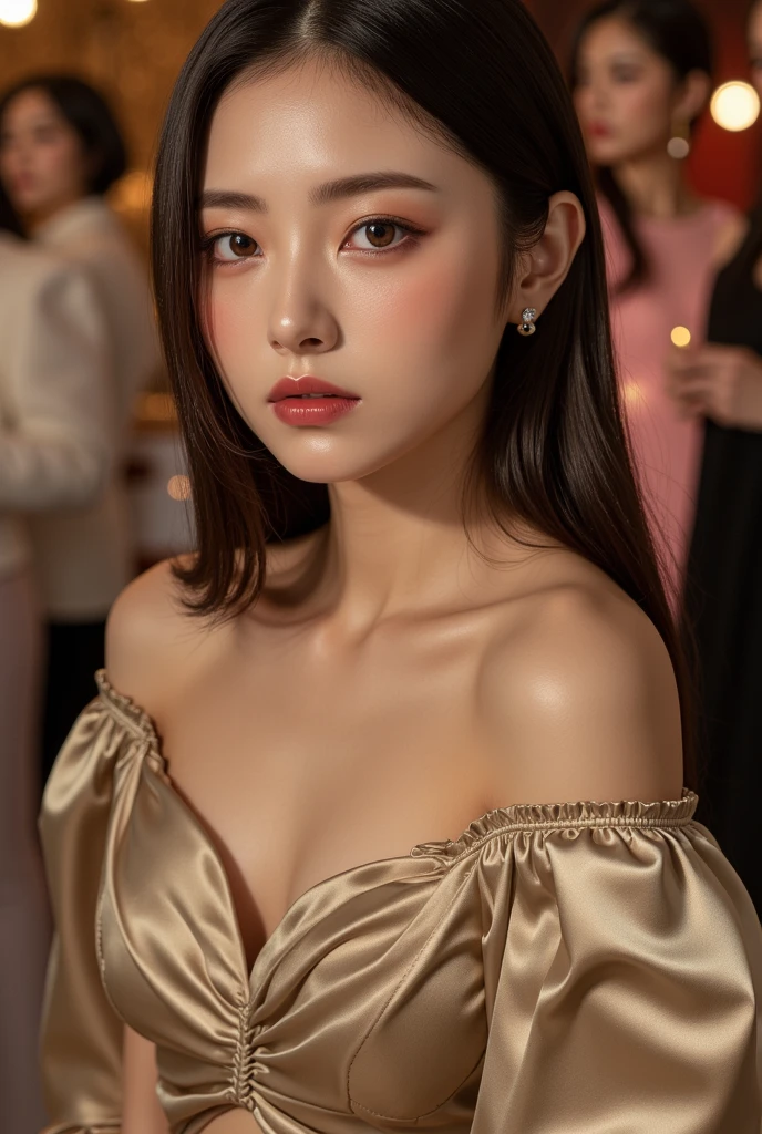 absurdres, RAW photo, extremely delicate and beautiful, masterpiece, Best Quality, ultra high resolution, 32k, hyperrealistic, ultra-detailed, perfect figure, Perfect Style, Perfect balance, in her 20s, very small head, very small face, delicate facial features, tearful mole, earring, very huge breasts, (full body shot:1.2), medium hair, black hair, (business dress:1.2),