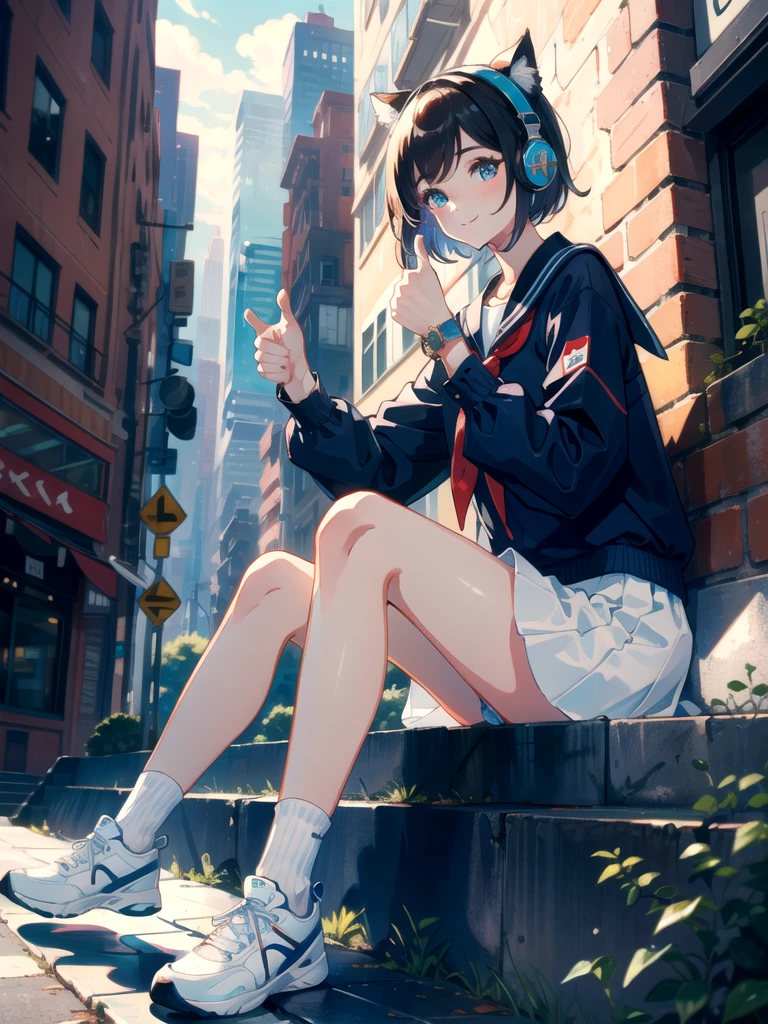 8K resolution、((highest quality))、((masterpiece))、((super detailed))、1 female、solo、incredibly absurd、oversized hoodie、headphones、street、outdoor、rain、neon、short cut hair、bright colored eyes、put one's hand in one's pocket、shorts、water dripping