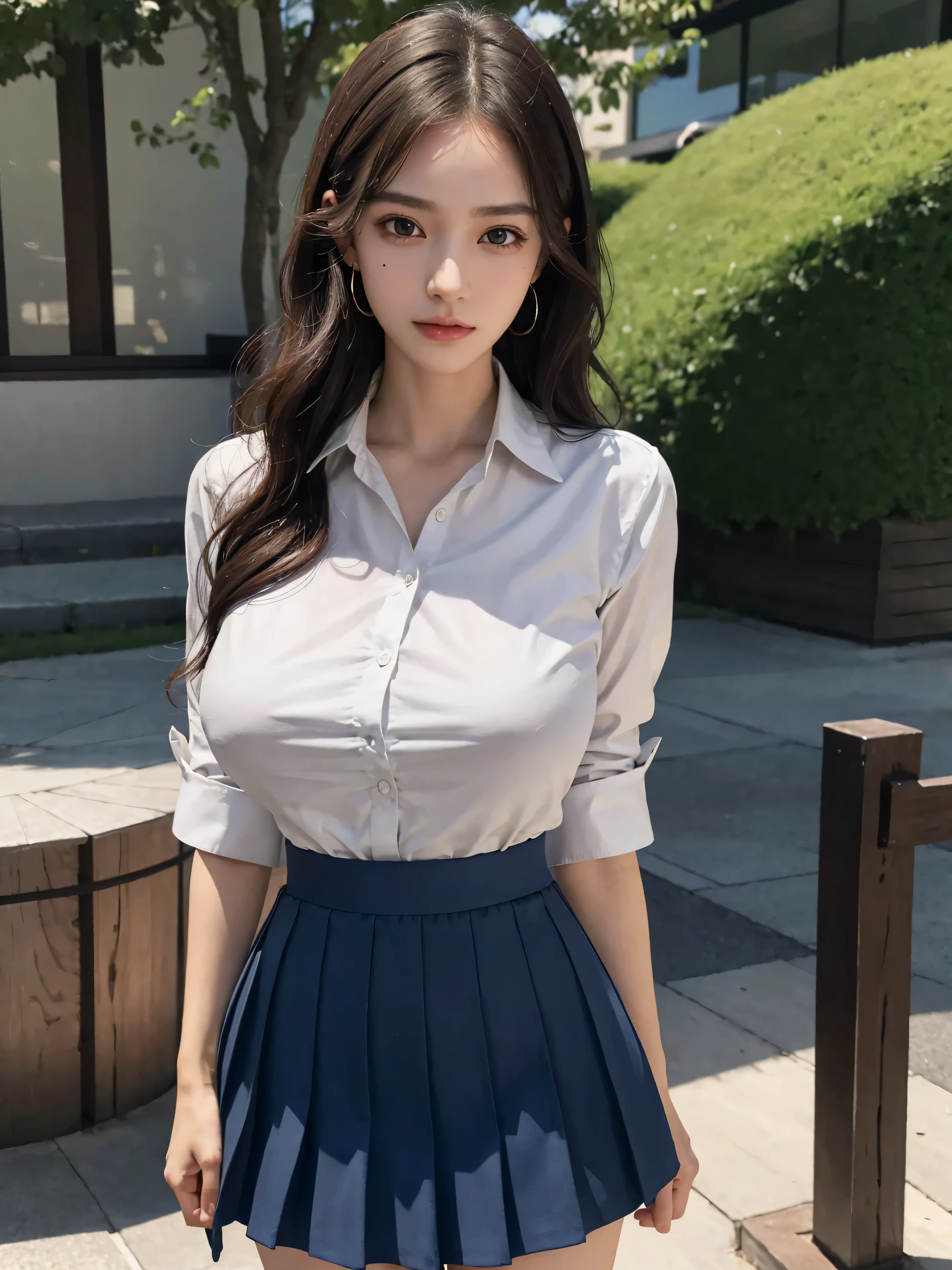 (Realistic and lifelike image, resembling a photograph or live action, 8K, photorealistic, RAW photo, best image quality: 1.4)
A single-lens reflex camera captures a highly detailed and realistic CG Unity 8k wallpaper. The photo boasts a depth of written boundary and cinematic lighting, featuring lens flare and ray tracing for a realistic background.
A cute Japanese high school girl is depicted in the scene, wearing a school uniform consisting of a shirt and pleated skirt, revealing a modest cleavage. Her body is shown in its entirety, with long legs and big breasts. Her skin is super dense,