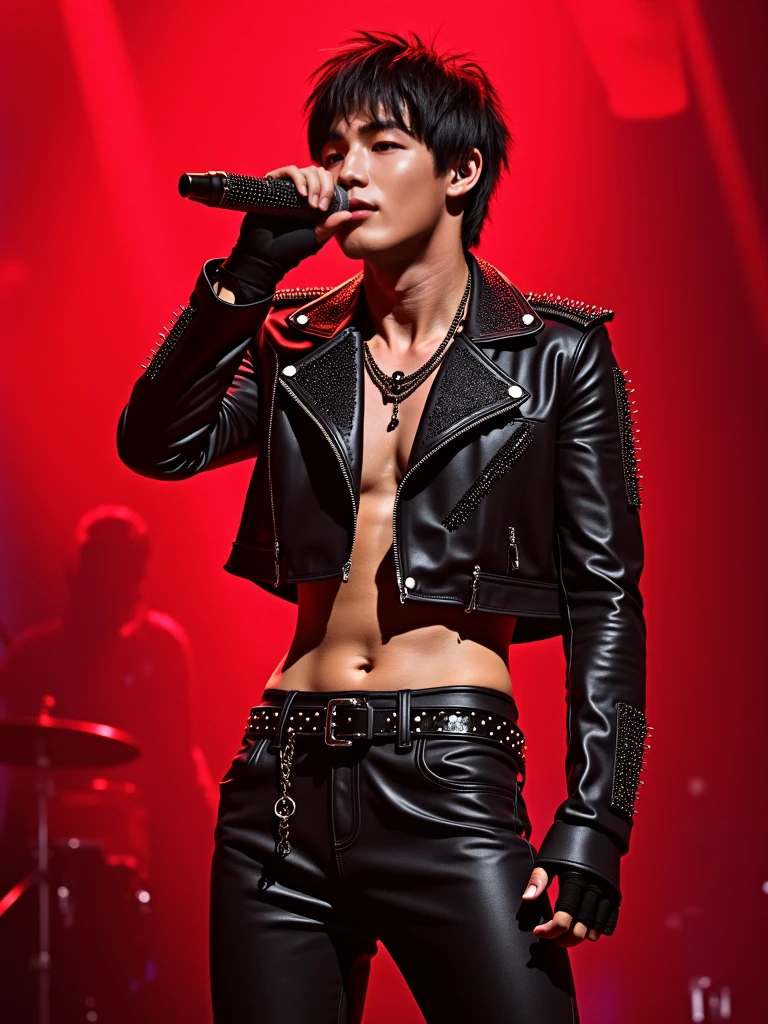musical idol, masculine, 35 years old rockstar style, with marked abs. Great dancer. Main vocalist of the group.with short hair standing hair, dark.