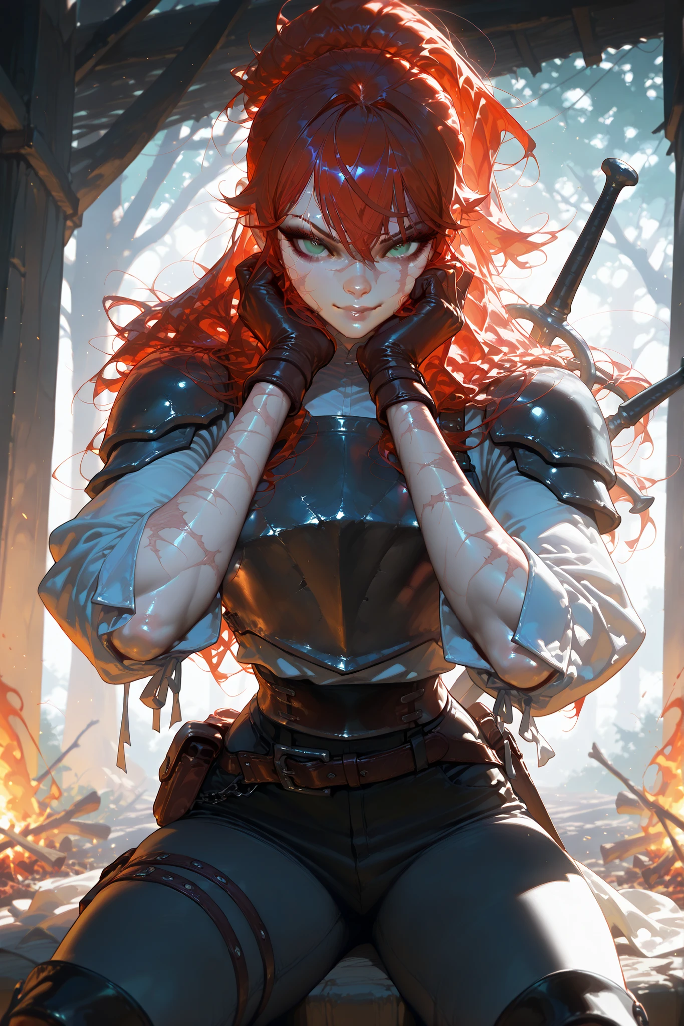 (tangobat:0.7),(Sakimichan:0.7),(High CT quality,4k,High resolution,main piece:2.3),(Very detailed,Realistic:1.37,Best quality,masterpiece, high resolution,on_body), (Tyndall effect,photorealistic, Edge lighting, Two-color lighting),(high definition skin:2.3), (8K UHD, DSLR quality, soft lighting, high quality, surround lighting, sincere, de 8K , 4K, 8K.) a woman with pale skin. She has an androgynous physique. (SCARLET RED HAIR) She has red curly hair gathered in a messy ponytail, no bangs, strands of hair are out of her hairstyle and lie on her shoulders.  (GREEN EYES) She has green gloomy eyes with bruises under her eyes. She has a scar all over her face. there is a scar on his cheek, on his lip and a split eyebrow.  She is wearing a loose-fitting shirt, trousers with lacing on the sides, and a belt with a pouch.  She is wearing  leather armor, shoulder pads, breastplate, bracers, and leather gloves. She's wearing comfortable knee-high boots. She has two medieval swords on her back.  Background : a wild gloomy forest, a campfire that is pitched in the middle of the forest.