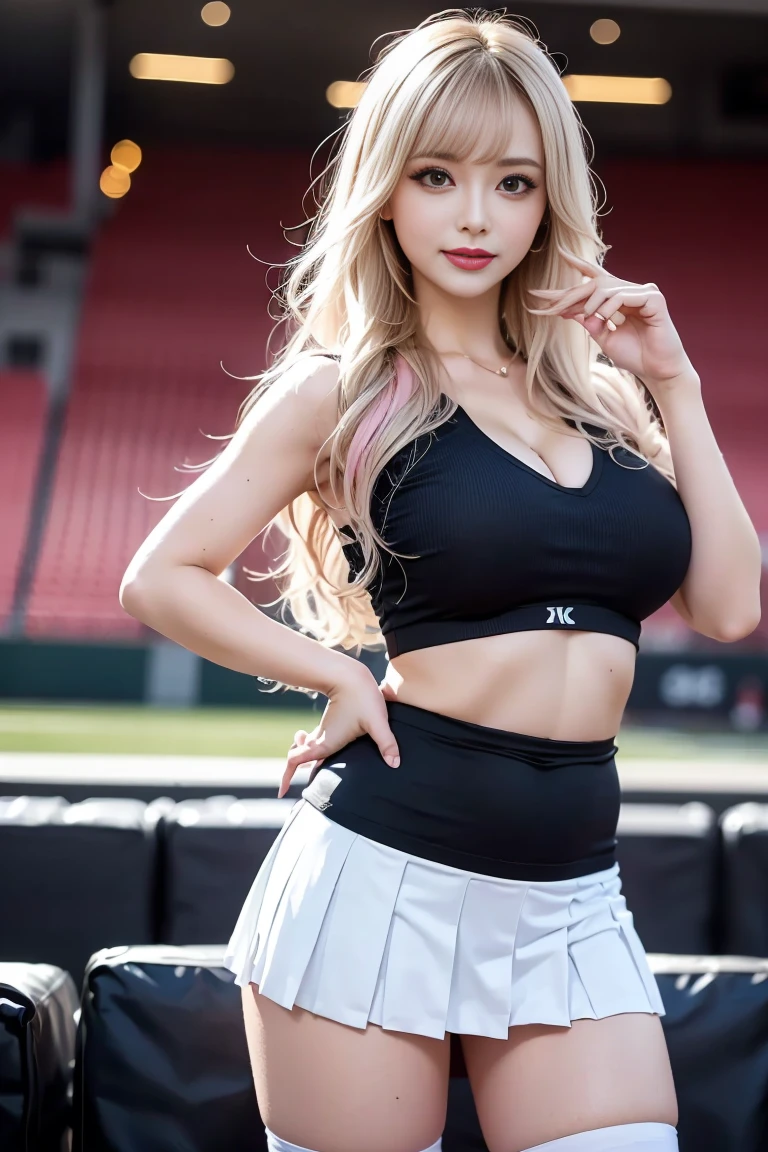 Beautiful girl, wearing sports clothes, perfect body, platinum hair, big breasts, jogging on the stadium, revealing, close-up, 8k, underwear exposed, seductive