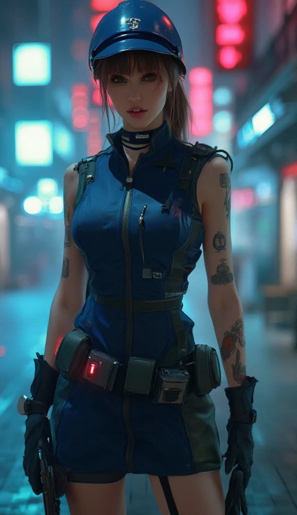 masterpiece, expressive eyes, photo, bryce dallas howard and demi lovato in one person as a cop in a dystopian city, stockings, futuristic police uniform, holding a big gun in her hands, ultra realistic, very detailed background, realistic skin, blue lighting, neon lights, night, topless