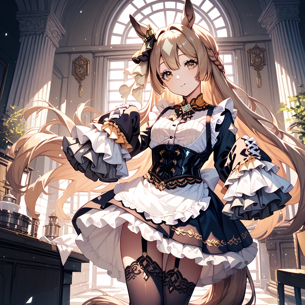 Middle Ages, extremely detailed CG wallpaper, (arknights: 1.01), (cygames: 1.03), solo, a woman wearing an off-the-shoulder dress and a transparent feather coat, lace trim, half-long blonde hair, brown eyes, (big fox tail: 1.15), standing inside a biological laboratory