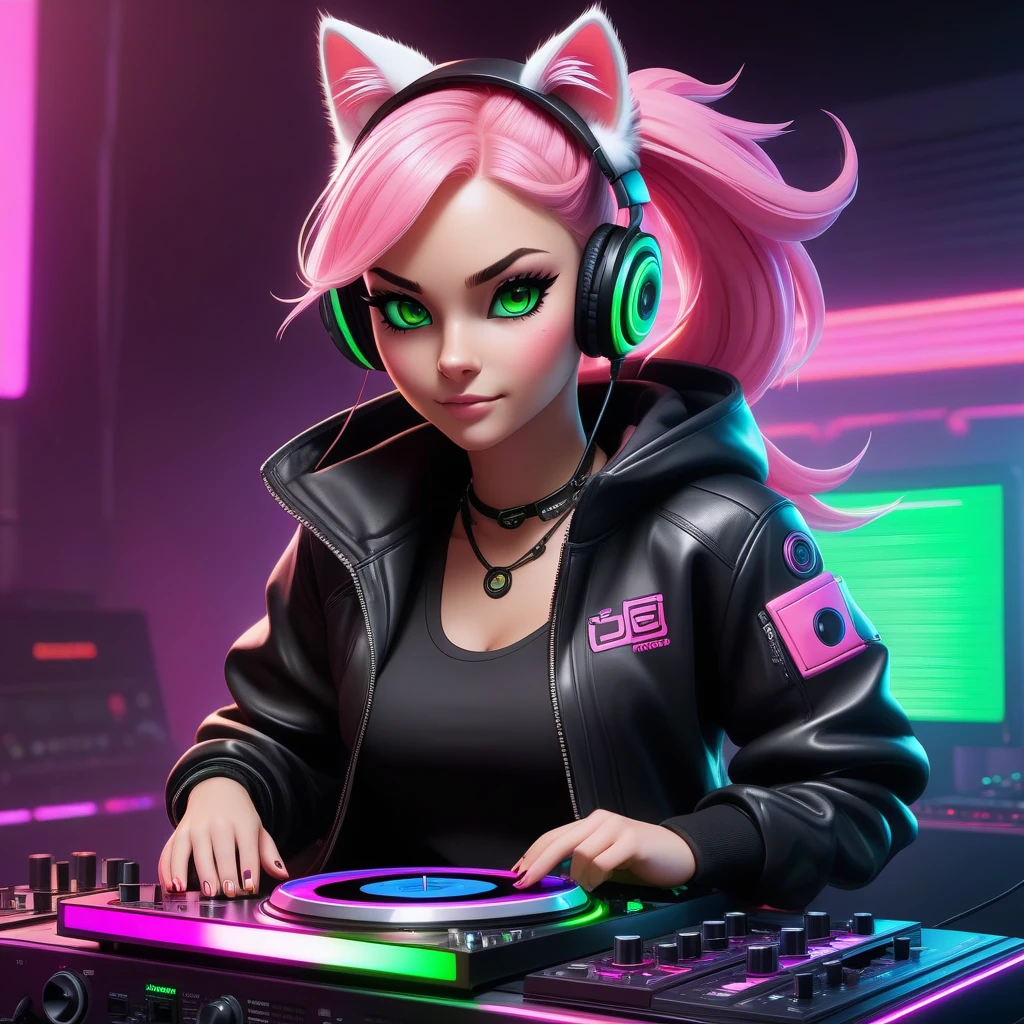 Banner for YouTube. Girl with a cat, gamer in headphones, looking forward, long hair, fantastic background, 3D.
high quality.