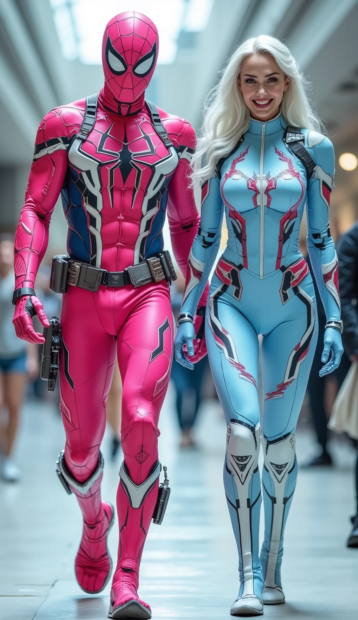 character: 1 man with mask full head wearing futuristic pink Spider-Man ninja body suit with red silver armor futuristic white accents ,  and 1 woman white hair Wearing futuristic light blue Spiderman ninja body suit with armor futuristic white pink accents.

action: Walk straigh. They look at the camera.

Expression : smiling.

 Background : A bright indoor public space , with people vaguely seen in the distance, shows that this picture was taken at a fun event or get-together,  fashion style Costume. They radiate happiness as they walk confidently in their  costumes. full body view.