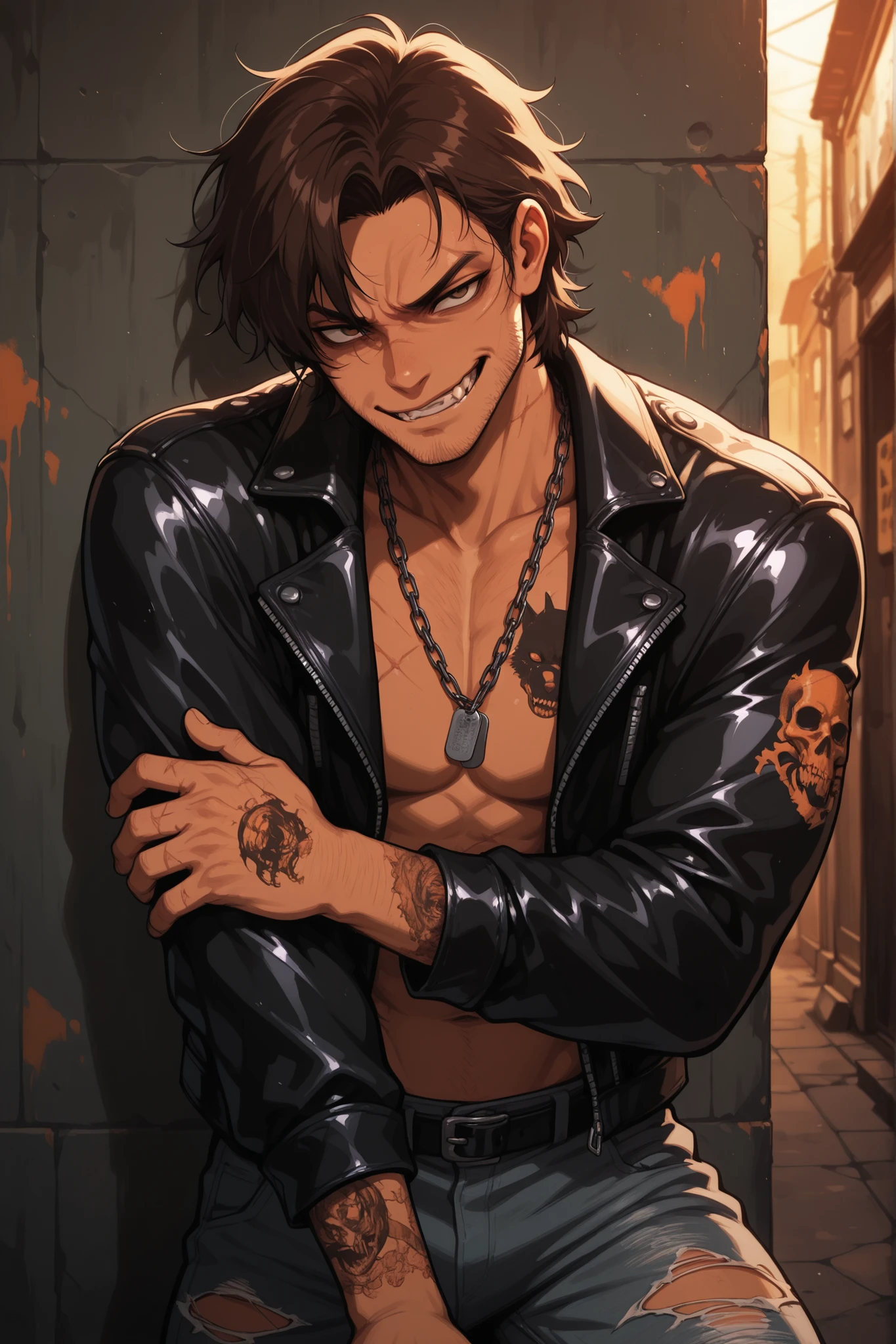 masterpiece, best quality, 32k, high resolution, absurdres, grunge, orange neon, 1boy, rugged, tall, muscular, tanned skin, stubble, scars, messy dark brown hair, golden wolf eyes, leather jacket, ripped jeans, shirtless under jacket, dog tags, chain necklace, wolf tattoo, smirk, growling, intense glare, rebellious, indoor garage background, warm lighting, oil-stained hands, rough textures, leaning against wall. dynamic pose, snarling vibes
