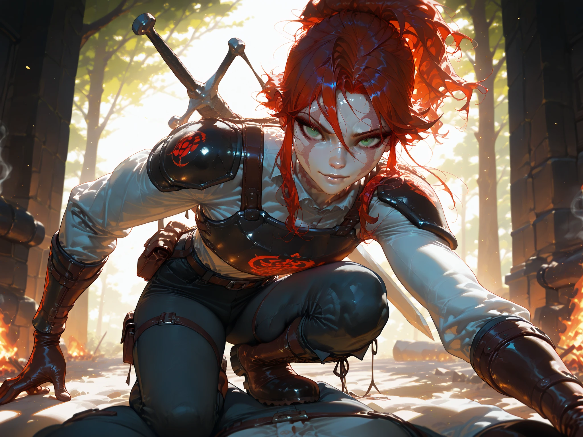 (tangobat:0.7),(Sakimichan:0.7),(High CT quality,4k,High resolution,main piece:2.3),(Very detailed,Realistic:1.37,Best quality,masterpiece, high resolution,on_body), (Tyndall effect,photorealistic, Edge lighting, Two-color lighting),(high definition skin:2.3), (8K UHD, DSLR quality, soft lighting, high quality, surround lighting, sincere, de 8K , 4K, 8K.) a woman with pale skin. She has an androgynous physique. (SCARLET RED HAIR) She has red curly hair gathered in a messy ponytail, no bangs, strands of hair are out of her hairstyle and lie on her shoulders.  (GREEN EYES) She has green gloomy eyes with bruises under her eyes. She has a scar all over her face. there is a scar on his cheek, on his lip and a split eyebrow.  She is wearing a loose-fitting shirt, trousers with lacing on the sides, and a belt with a pouch.  She is wearing  leather armor, shoulder pads, breastplate, bracers, and leather gloves. She's wearing comfortable knee-high boots. She has two medieval swords on her back.  Background : a wild gloomy forest, a campfire that is pitched in the middle of the forest.