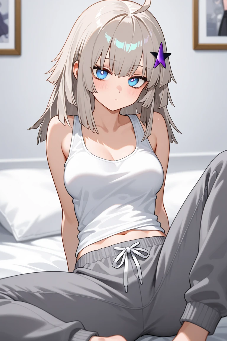 ,Highest quality,Silver Hair,Lion tail,Lion ears,Purple Eyes,Very short hair,Straight Hair,Flat breasts,Slanted Eyes,Sports Bra,Bedroom,On the bed,slender,