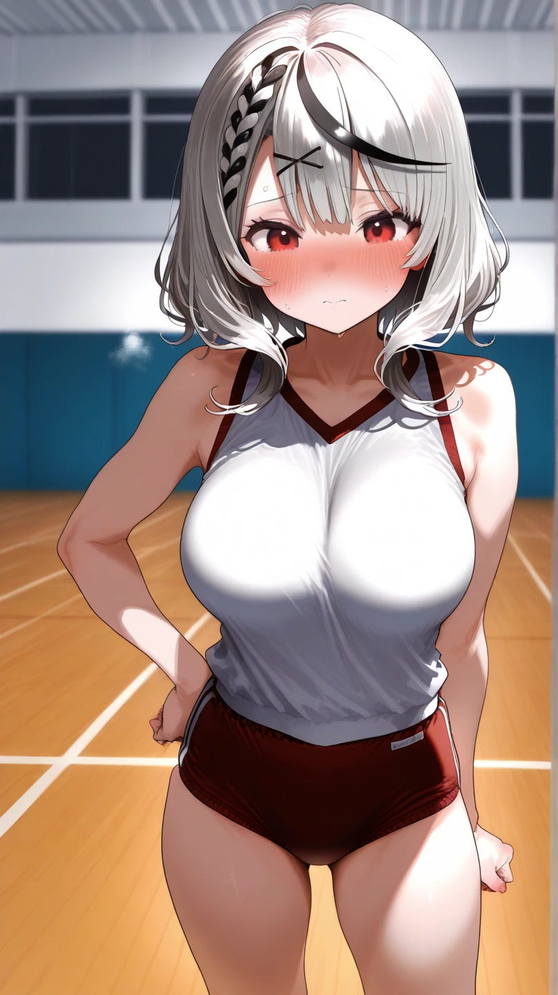 1 girl,gym_uniform,White,White shirt,masterpiece, best quality, very aesthetic, absurdres,breasts,tight skin,impossible shirt
