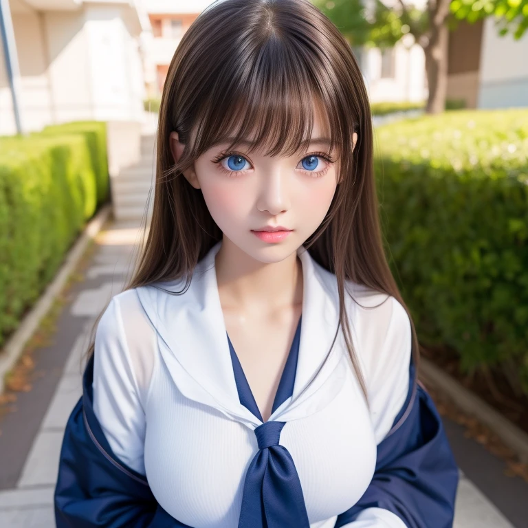 1girl, (solo), (selfie), (17 years old), huge breast:1.4, ((beautiful anime eyes with fine detail)), realistic skin, sailor suit, (Navy blue pleated miniskirt)(((スカートをまくり、薄い色のパンティーが見える)))