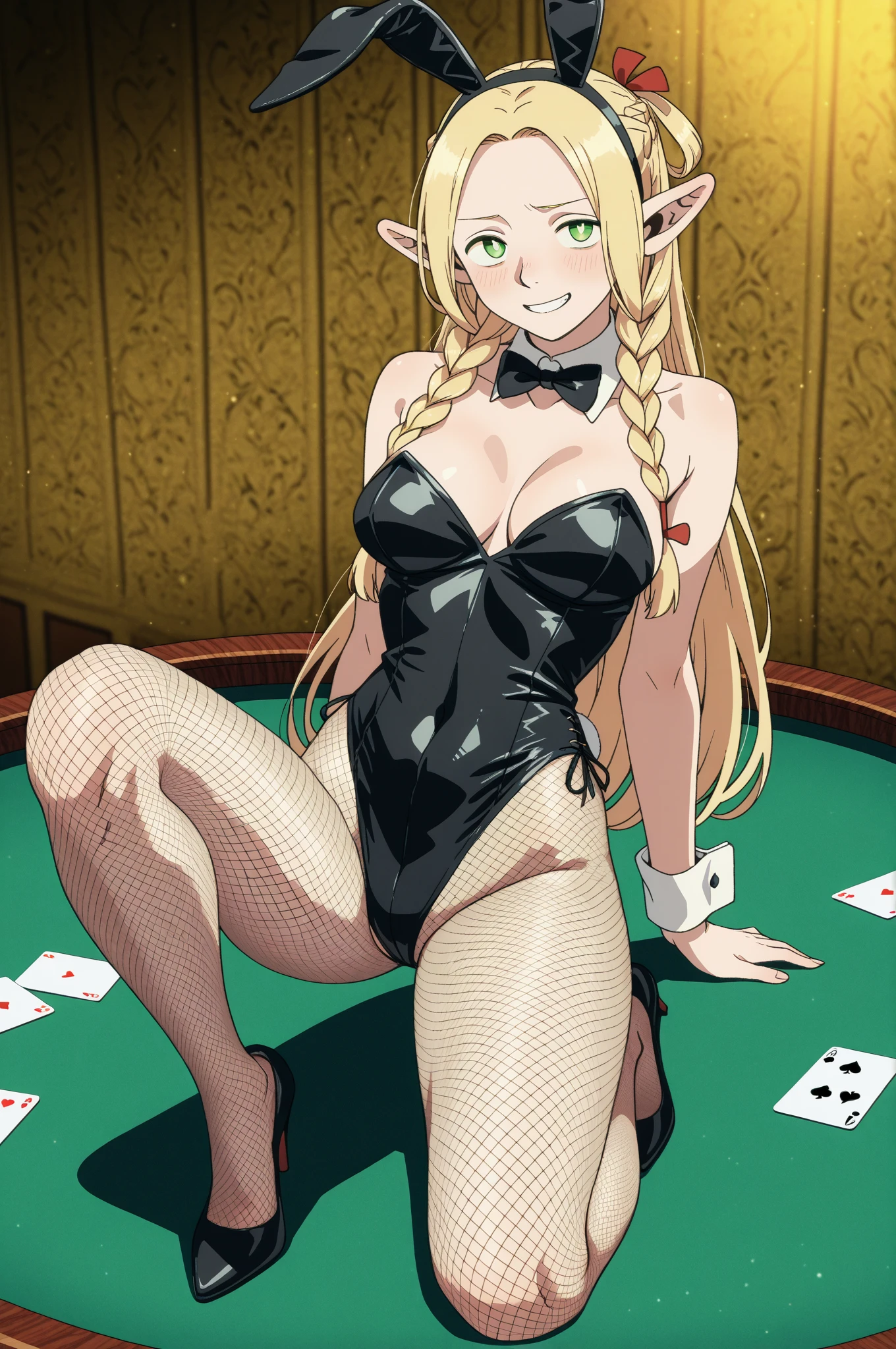 very long hair, golden hair, red_eyes, bangs, straight hair, inside the casino, casino table, looking down on the viewer, big, full body, crazy eyes, insane, wide open eyes, glowing eyes, shiny lips, blush, satisfied look, sexually aroused, obsessive look, crazy look, adult,, blond, girl in underwear, single girl, solo, sensational face, sloppy look, Evil smile, crazy smile, bewitching face, blush, black bra, black panties, estrus, lustful expression, legs open, yandere face, ahe face, plump, open mouth, naughty expression, woman wearing only underwear, plump body, crazy smile, blushing face, blushing cheeks, blushing cheeks