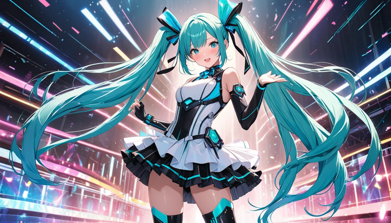 1 person, solo, (full body), photorealistic, super fine illustration, beautiful charming anime girl, super detailed, smile, beautiful blue eyes, beautiful proportions, Hatsune Miku, slender, gentle expression, seductive anime girl, (live stage), erotic idol costume, ahoge,