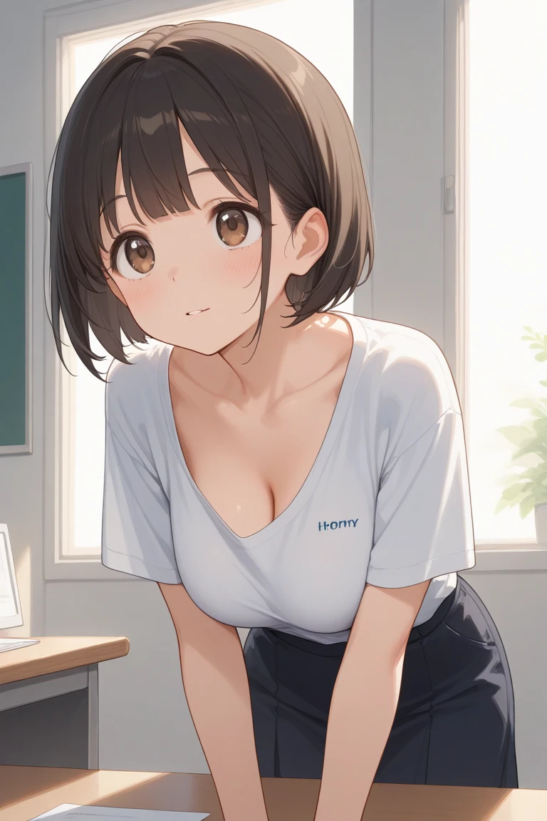 (head shot:1.2), (from above:1.2), frame in, from right in front of face and body, view straight on, upper body, High quality, very high res, High quality, very high res, cute girl, brown hair, forehead, blunt bangs, bob cut, blush, Brushed up bangs, wearing a plain t-shirt, shirt lift, medium breasts, pale pink nipples, I can see your belly button, (kneeling down pose), fellatio, pleated skirt, at office