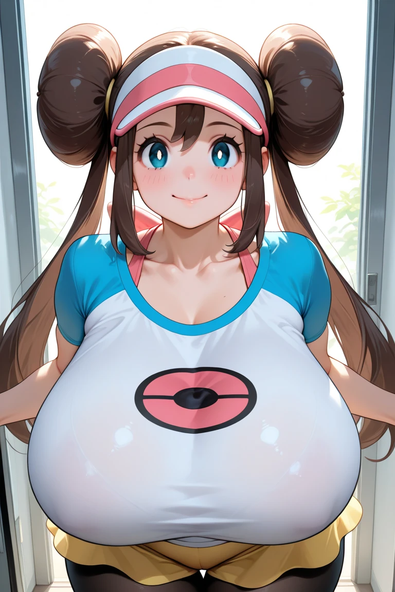 pokémo、big tits milf、big tits milf、big milf、supermodel physique、perfect body、Perfect clear skin、surreal、hyper realism、photorealistic、super quality、masterpiece、high quality、beautiful、sexy face、cute、slightly tightened、fit、supermodel physique、3/4 body view、sexy waist、sexy hips、perfect legs、thigh gap、towards the camera、rosa(Pokémon)、1 girl、solo、pantyhose、double odango、bun hair、visor cap、brown hair、blush、yellow skirt、pantyhose、black leggings、black stockingonster ball print, breast expansion, midriff