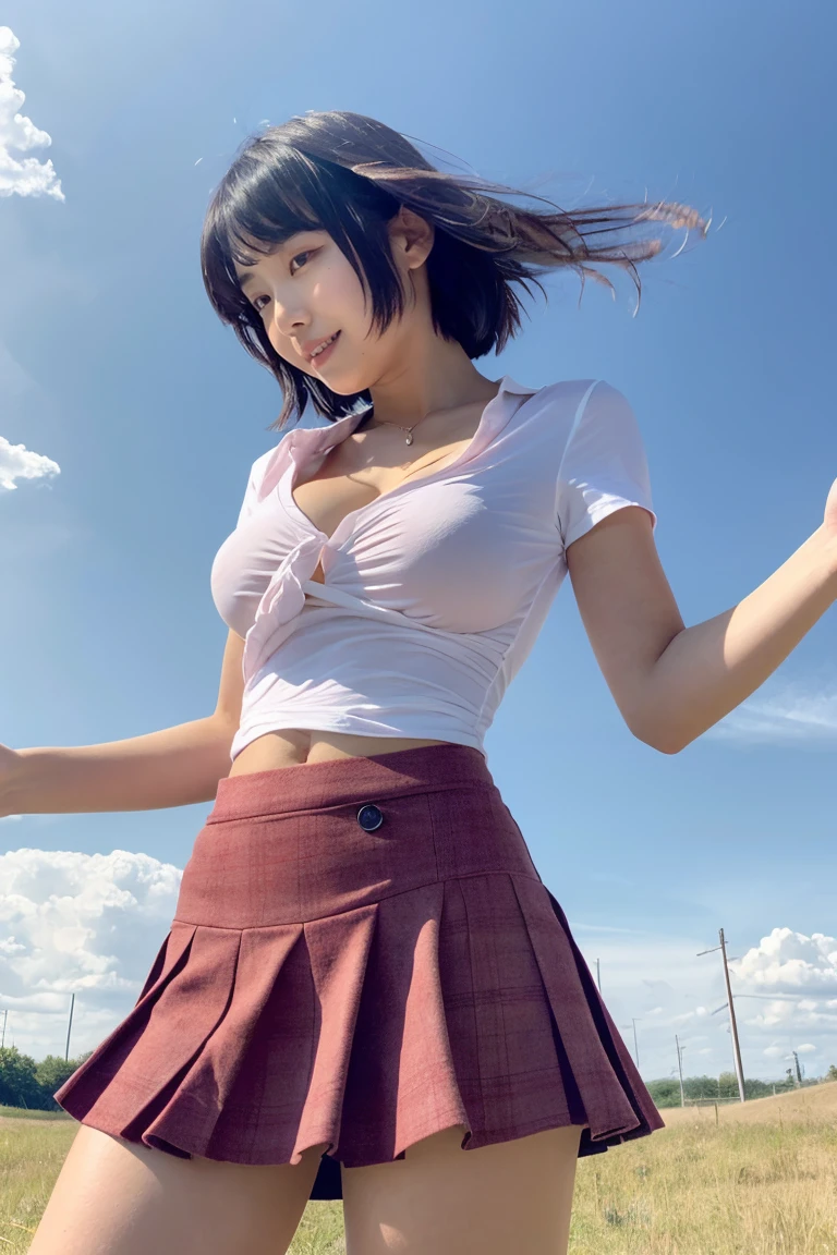 Different world、An angel descending from the sky、Short shirts、Belly button、(gigantic breasts)、White shirt、Cleavage、(Micro mini skirt)、Plaid、Low rise、Above the knee socks、Beautiful belly button、ニーKnee-high socks、((Berry Short))、Curly Hair、Beautiful décolleté、Short tie、Brown Hair、slender、Model pose、smile、Full Body Shot、Spotlight、Knee-high socks、Under the skirt、Looking down on the city from the sky、Flying in the sky、one person、Wind from below、Skirt gets flipped up、skirtlift 、Off the shoulder、Coming down from the sky、The aura is flickering from bottom to top like a flame.、Magical Girl、Super Saiyan、23 years old、Underboob is visible、(((underboob))),(Camel Toe)、(pants pulled down to the knees)