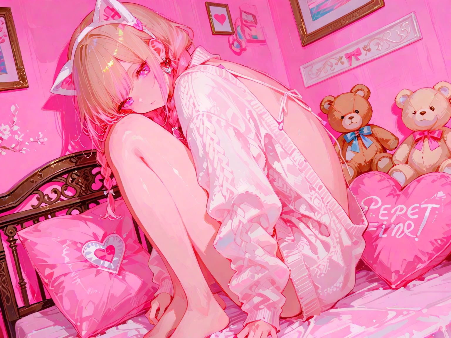 ((1 girl)),cute girl lying on bed, from above, looking up, barefoot, naked, showing pussy, legs spread, uncensored, good lighting, blonde hair, pigtails, young, clothes, showing genitals, breasts, detailed genitals, spreading pussy