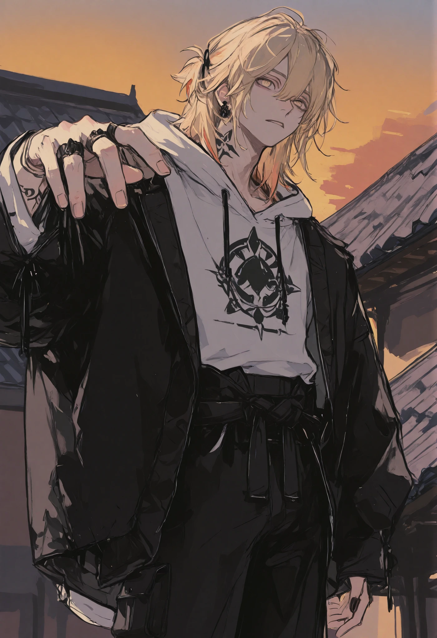 1boy, very handsome, beautiful, messy blonde hair reaching his shoulders, pale amber eyes, white large hoodie with black accents. Black cargo pants, black jacket tied into waist, tattoos on the hand, rings, sitted on a roof, watching the sunset