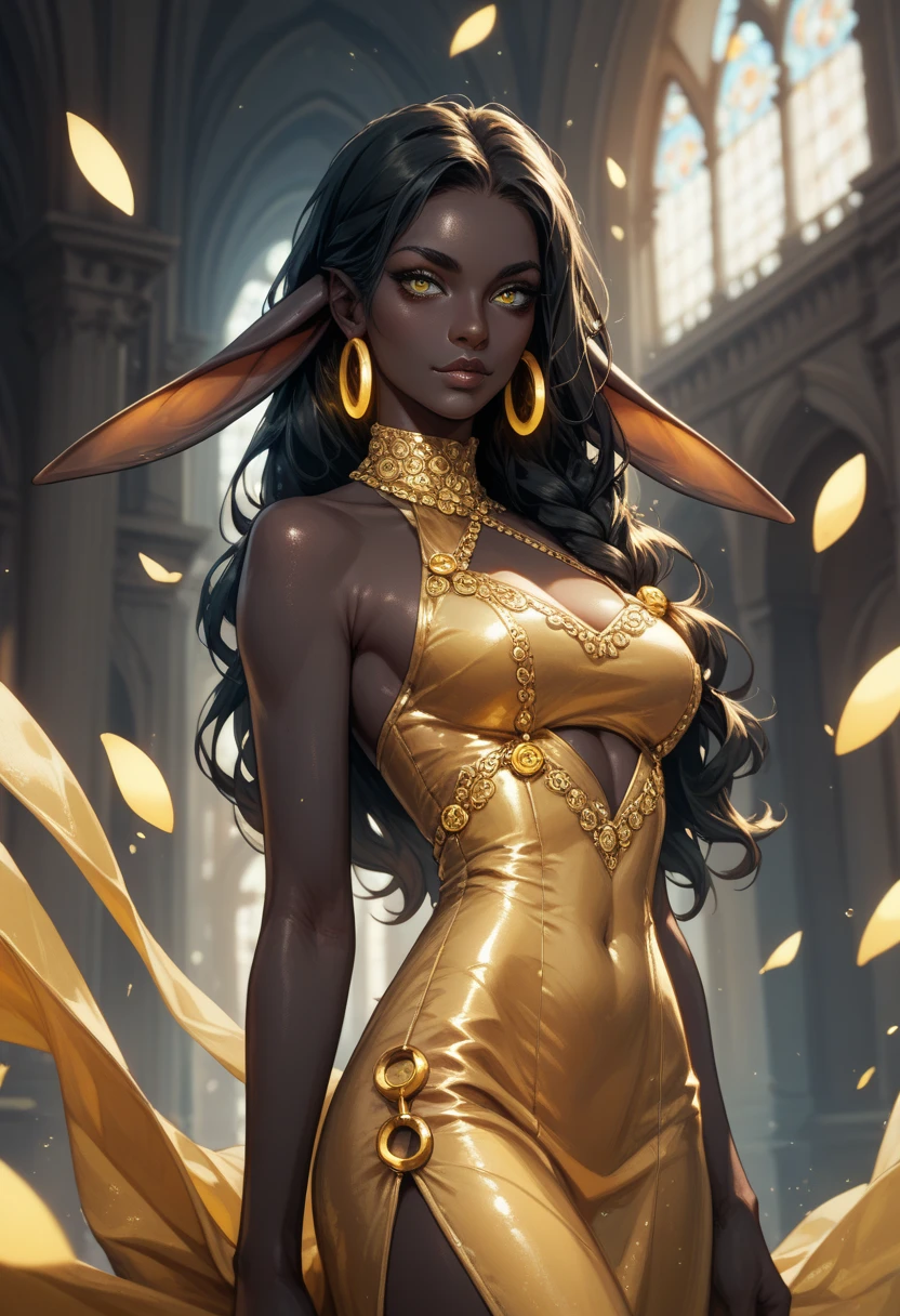 A Female Tiefling Bard with Black hair yellow eyes and brownish red skin (WITH HORNS)