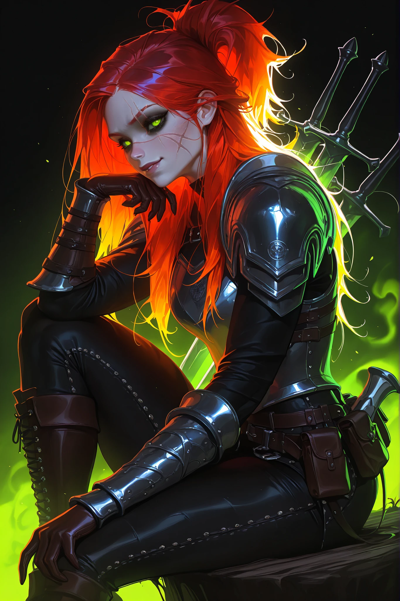 (tangobat:0.7),(Sakimichan:0.7),(High CT quality,4k,High resolution,main piece:2.3),(Very detailed,Realistic:1.37,Best quality,masterpiece, high resolution,on_body), (Tyndall effect,photorealistic, Edge lighting, Two-color lighting),(high definition skin:2.3), (8K UHD, DSLR quality, soft lighting, high quality, surround lighting, sincere, de 8K , 4K, 8K.) a woman with pale skin. She has an androgynous physique. (SCARLET RED HAIR) She has red kinky hair gathered in a messy ponytail, no bangs.  (GREEN EYES) She has green gloomy eyes with bruises under her eyes. She has a scar all over her face. there is a scar on his cheek, on his lip and a split eyebrow.  She is wearing a loose-fitting shirt, trousers with lacing on the sides, and a belt with a pouch.  She is wearing medieval leather armor, shoulder pads, breastplate, bracers, and leather gloves. She's wearing comfortable knee-high boots. She has two medieval swords on her back.  Background : a wild gloomy forest, a campfire that is pitched in the middle of the forest.
