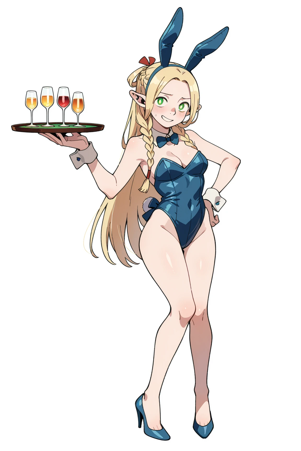 score_9, score_8_up, source_アニメ,kiwi-default,very big breasts,((1girl)),shiny skin,front view,Areola,High leg,Sunburn,Fishnet tights,High heels,Bunny Suit,gloves,latex,Young,Lewd,BIG ASS,