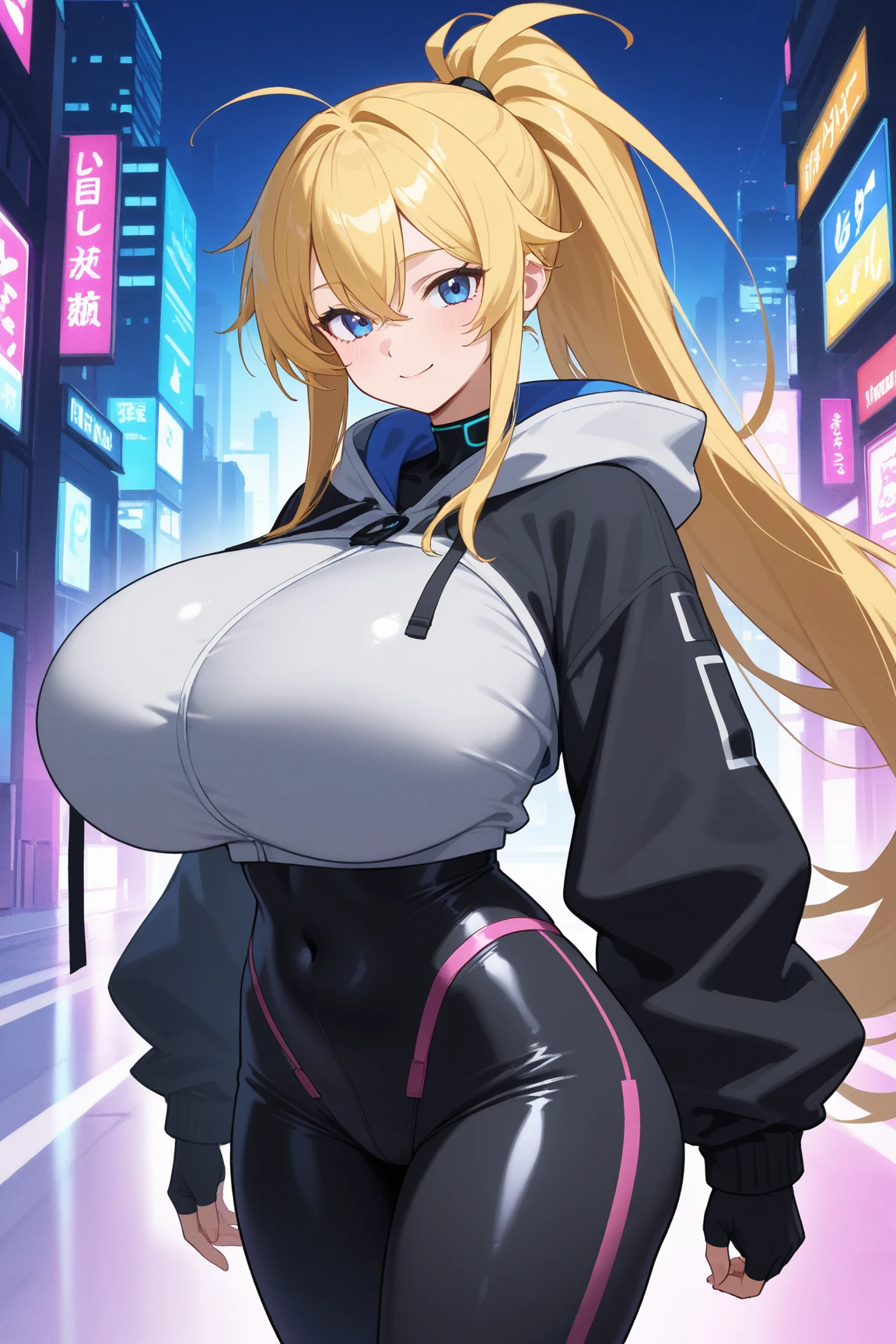 masterpiece, best quality, samus aran, ponytail, hair tie, blue hoodie, black sweatpants, upper body, large breasts, huge round full breasts, looking at viewer, city background