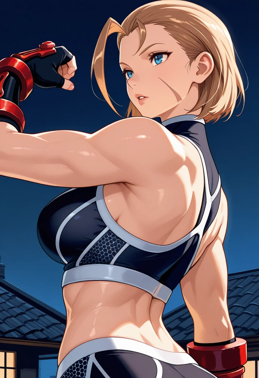 A realistic high quality image of Cammy white sexy perky breasts, black sport bra, blue leggings , full frontal view