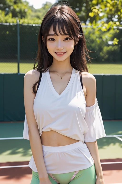 tennis、tennisラケット、tennisボール、tennisコート、(Highest quality)、((Very detailed))、4K、(8K)、masterpiece、Very detailedな、Highest quality、Super Resolution、1 person、Kind Face、Soft Light、RAW quality、Soft Skin、163cm、30 years old、Thighs、Swing