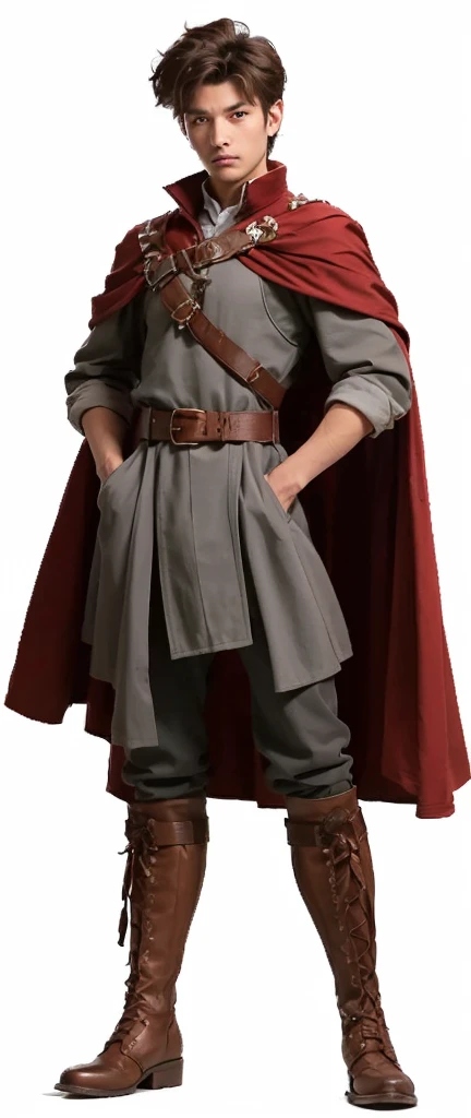An asian boy smiling and having brown hair wearing a red cape, ultra realistic, high quality, detailed face