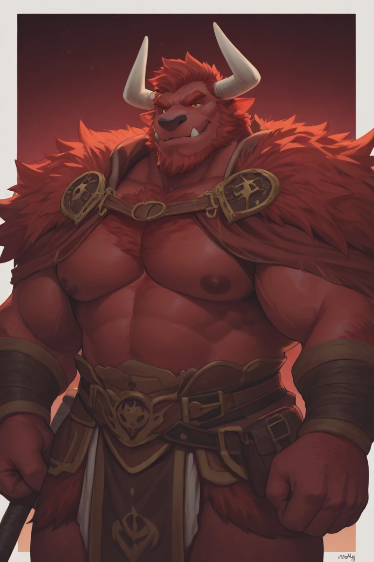 ultra-detailed, masterpiece, masterwork, high quality, best quality, hdr, posted on e621, (by darkgem), (nature), nsfw, (male), solo, chibi, (red little body minotaur), dragon, (long golden hair, yellow eyes, white chubby body), stylish pose, standing, dynamic angle, (nude, long foreskin, micropenis, balls)