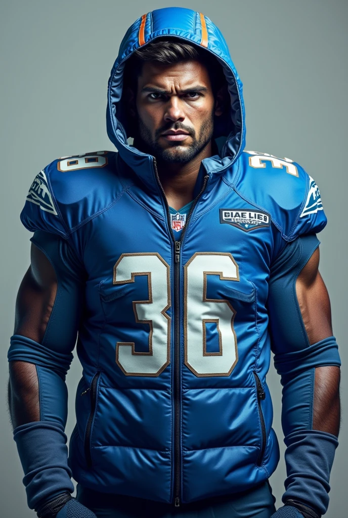 Create a white football suit with blue sleeves and a blue side dragon
