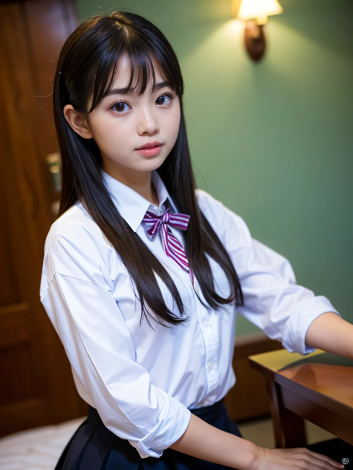 detailed face, cute face, ((masterpiece, Highest quality)), (One girl), (alone), (Focus on women), night (Chainsaw Man),(Highly detailed face, The real picture, Realistic white skin, Realistic body, Intricate details), Upper Body, Severe , Brown eyes, Looking at the audience, bandage over the body, Black Hair, Long sleeve shirt, Pinafore dress, Black tie, bandage, bandage, Small breasts