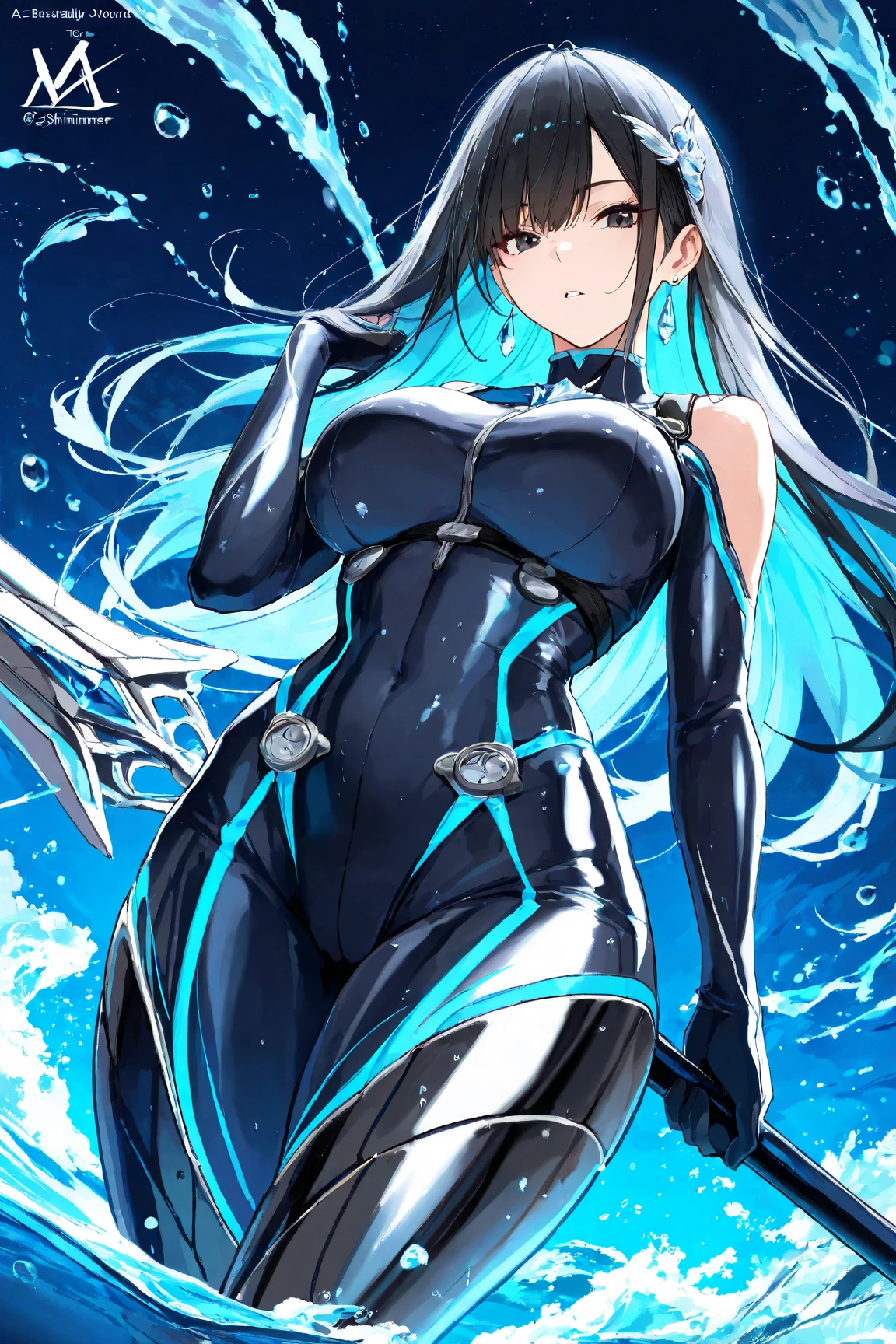 ((masterpiece)), ((best quality)), ((high res)), 1girl, solo, solo focus, ((leotard, perfect leotard, black leotard, sleeveless, bare legs)), matching boots, looking at the viewer, blue sky backdrop, perfect hands, complete fingers, perfect anatomy, medium breasts, (black hair, long hair, mid-length hair, hair down, bangs), knee boots, blue eyes, beautiful detailed eyes, beautiful detailed face, cute face, (cleavage heart cutout), black gloves, black footwear, superhero, raised arms, evil smile. She spins at an incredible speed, creating a whirlwind of air around her. She rotates her body in place at super speed. She spins fast in place like a tornado. Cyclone spinning. Rapid gyration. Tornado winds around her. She super-spins. Spiral lines around her body. Curved sword slash. Full body with costume.